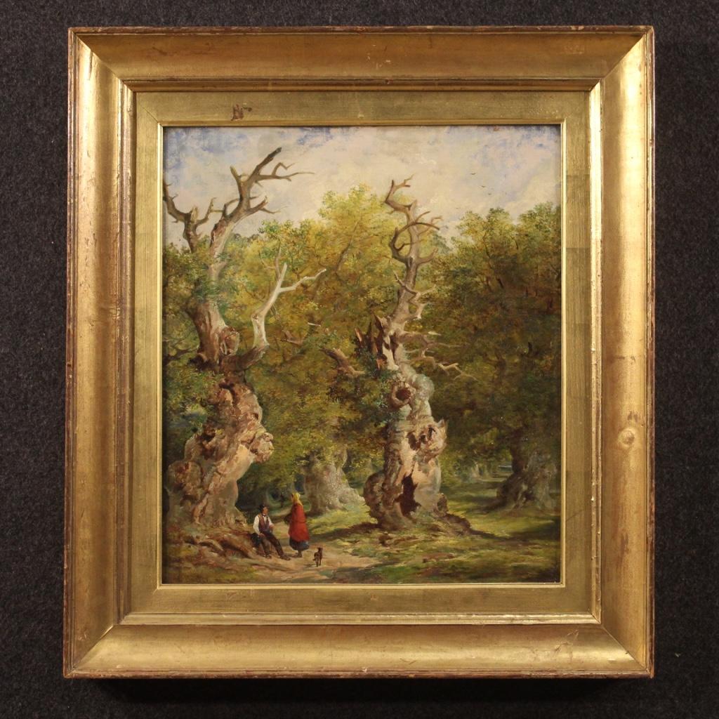 Antique English painting from late 19th century. Oil painting on canvas depicting woodland landscape with travellers (Sherwood Forest) of excellent brightness and good pictorial quality. Beautiful proportion painting with non-contemporary carved and
