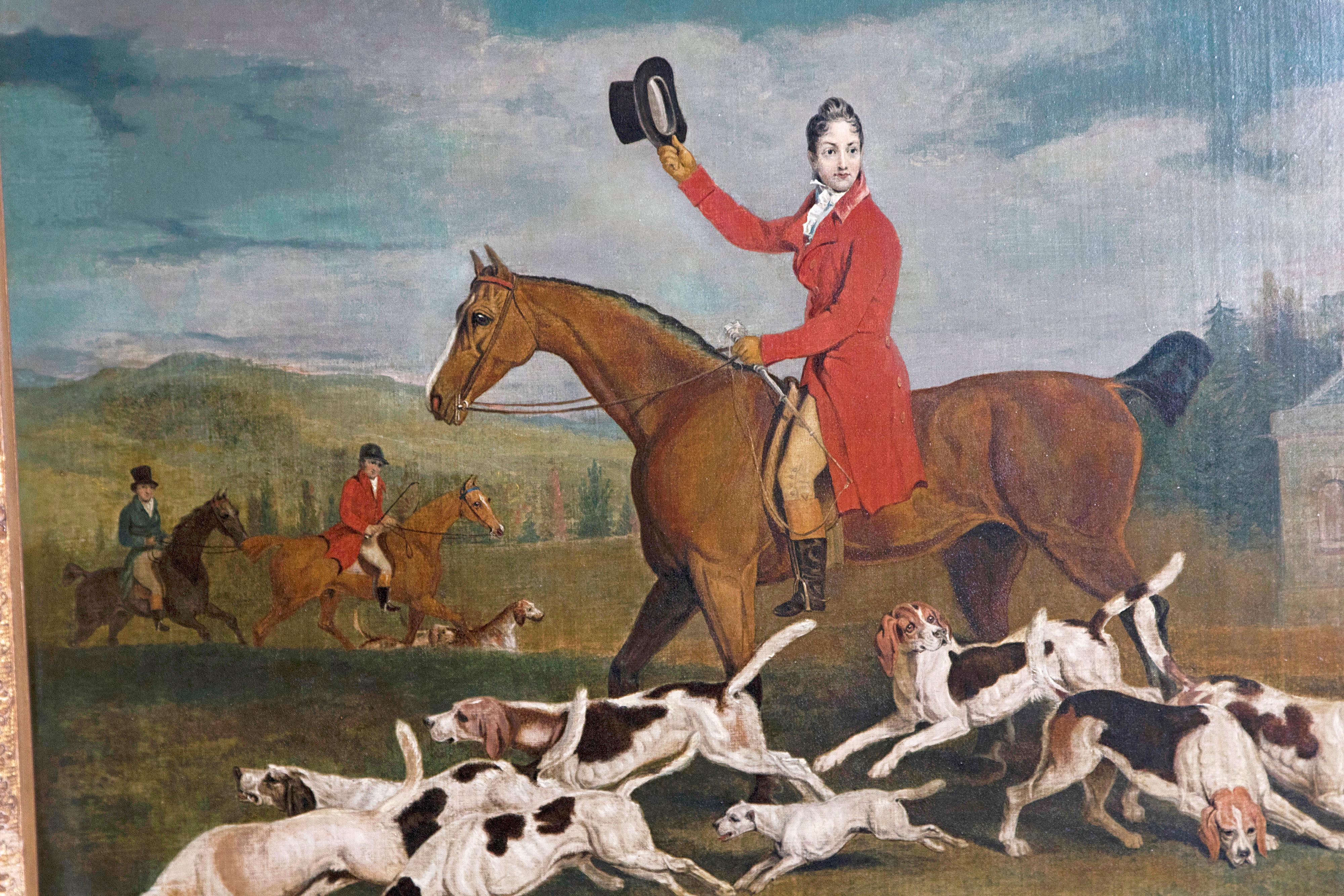 19th Century Oil on Canvas English Hunting Scene of Rider on Horse with Hounds 6