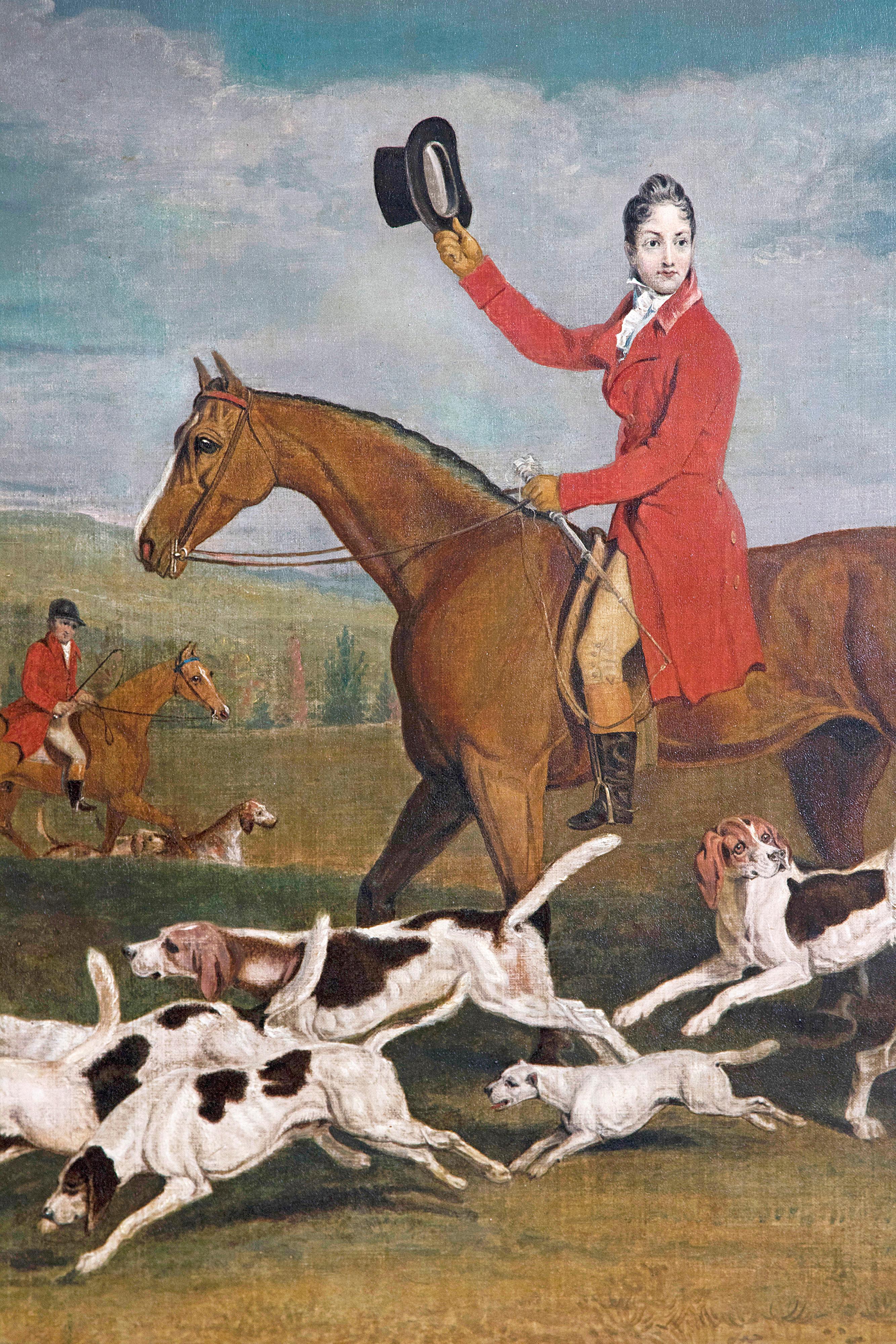 19th Century Oil on Canvas English Hunting Scene of Rider on Horse with Hounds 7