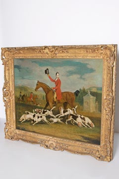 19th Century Oil on Canvas English Hunting Scene of Rider on Horse with Hounds