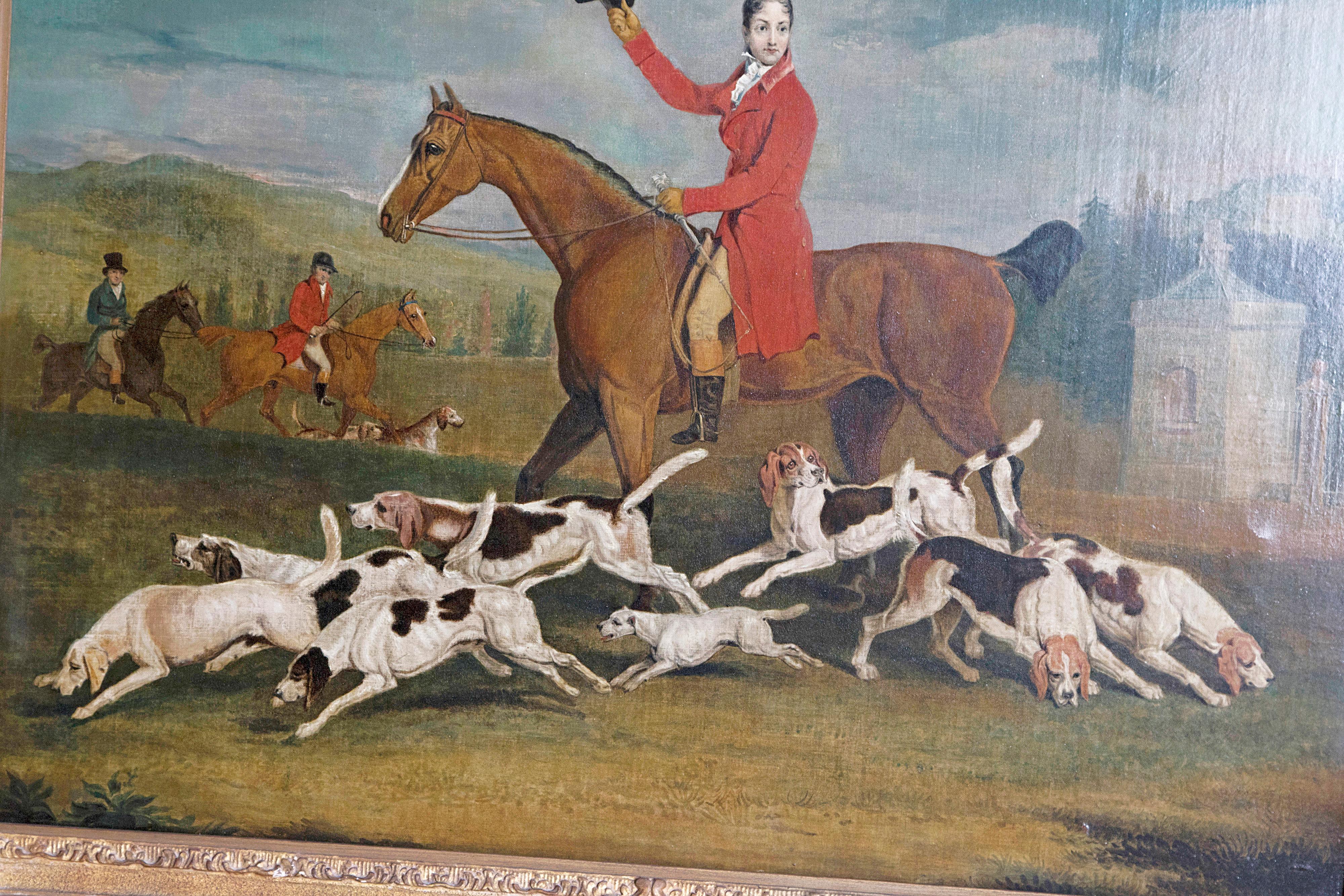 Regency 19th Century Oil on Canvas English Hunting Scene of Rider on Horse with Hounds