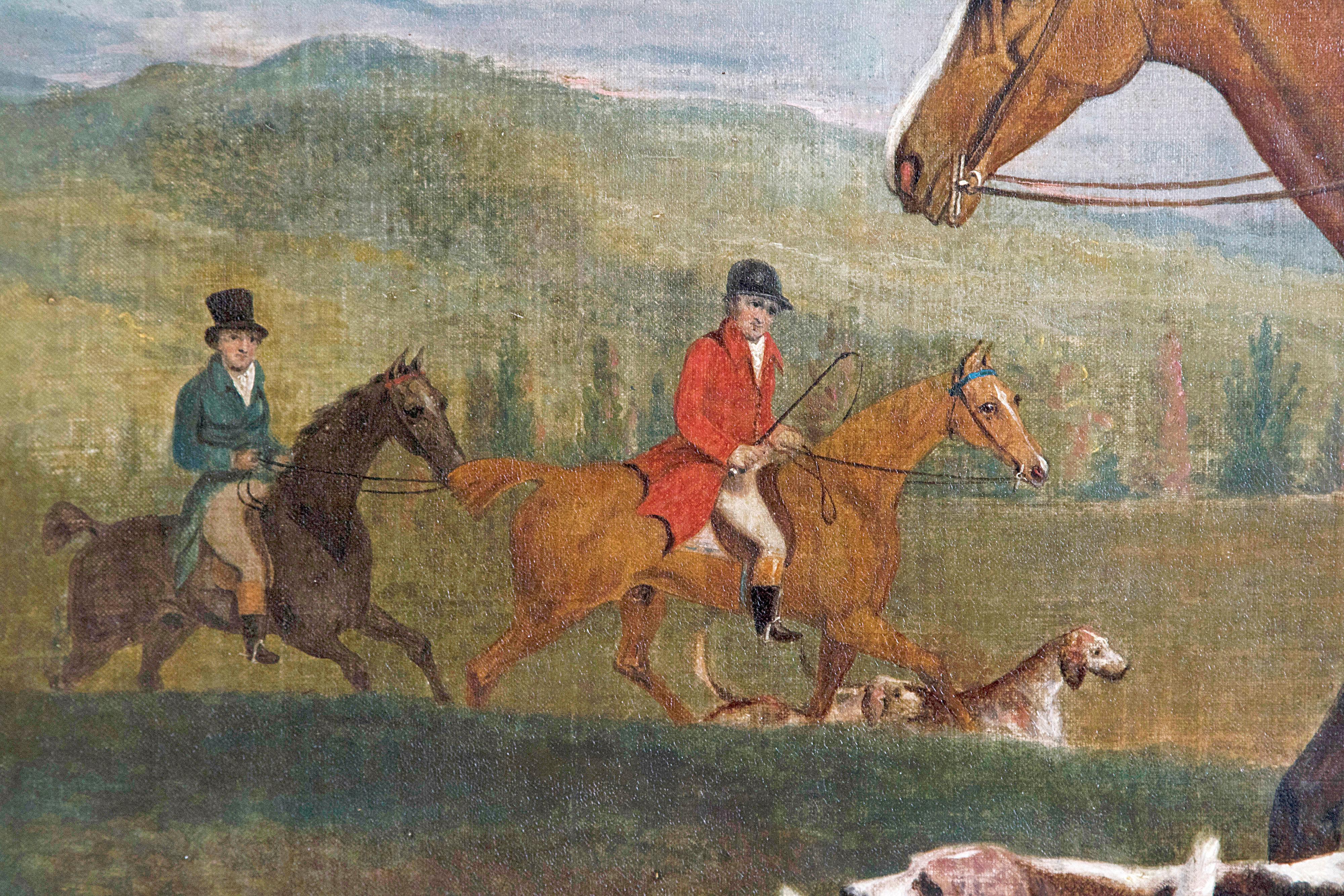 Hand-Carved 19th Century Oil on Canvas English Hunting Scene of Rider on Horse with Hounds