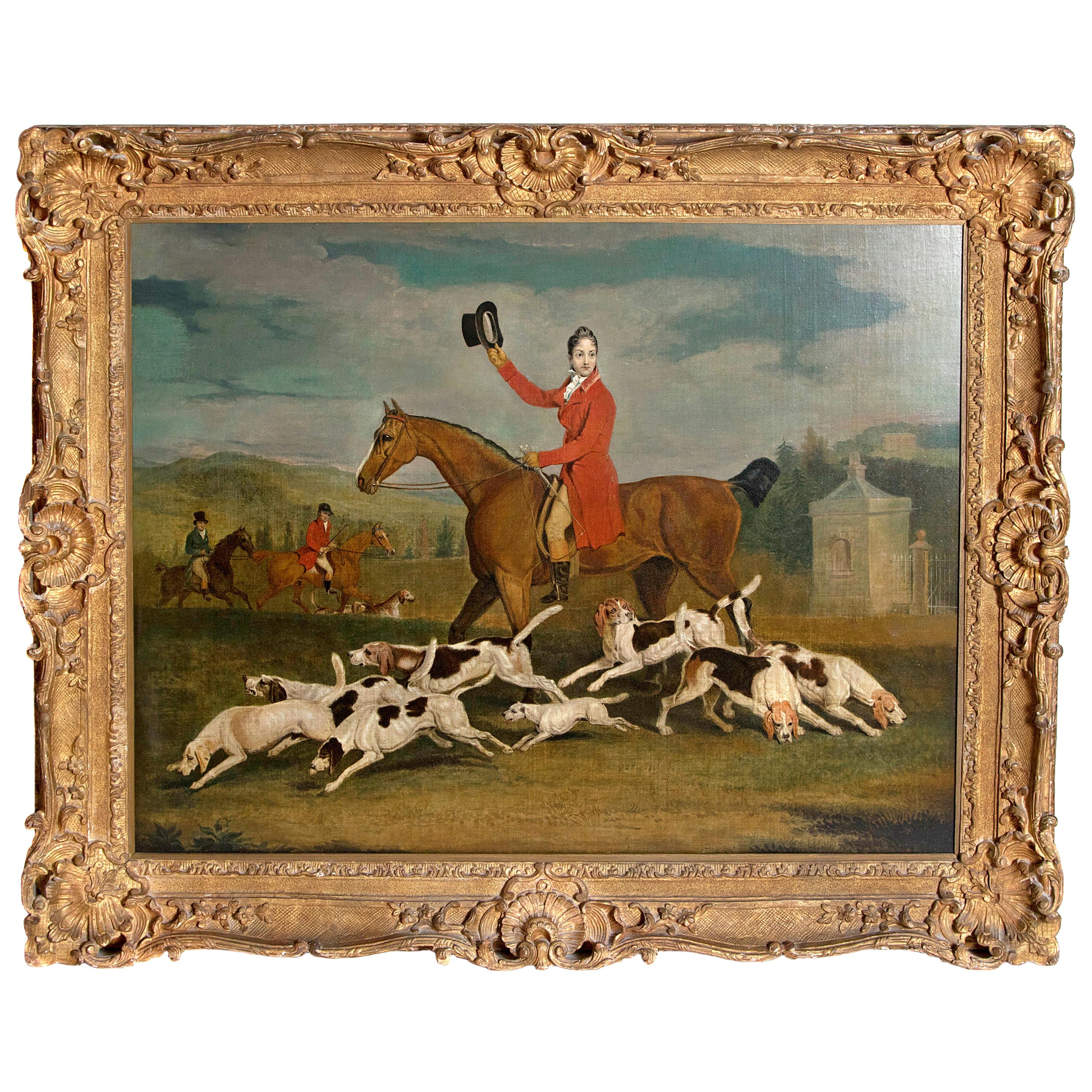 Charming Oil painting portraits hunters with their horses Hounds in Farm yard 