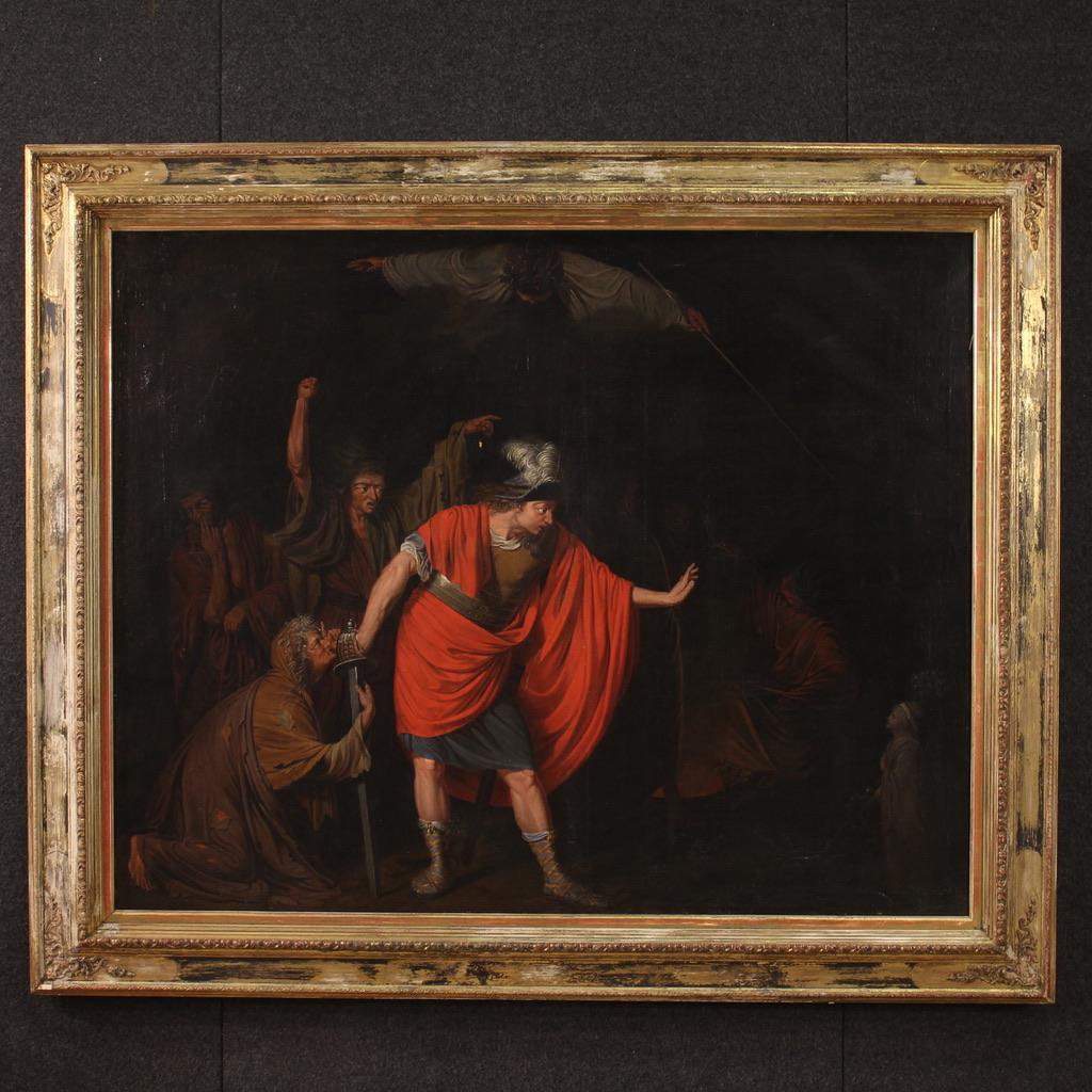 Antique English painting from the second half of the 19th century. Artwork oil on canvas depicting a subject taken from William Shakespeare's Macbeth, The prophecies of the witches, of excellent pictorial quality. Painting of large size, exceptional