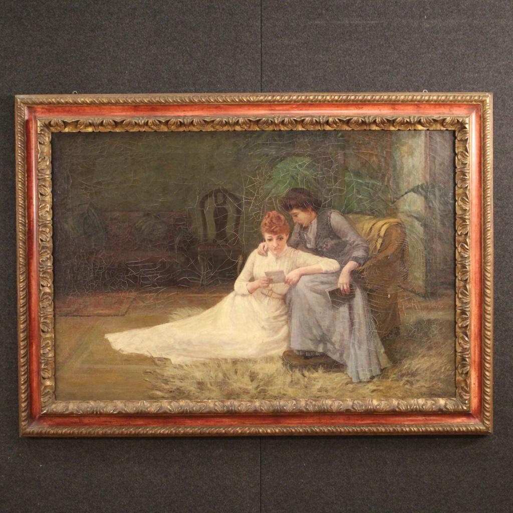 Antique English painting from the late 19th century. Oil painting on canvas, in first canvas, depicting interior scene with female characters in period clothes. Signed and dated painting on the lower right (see photo) A. Bertram Loud 1890 referable