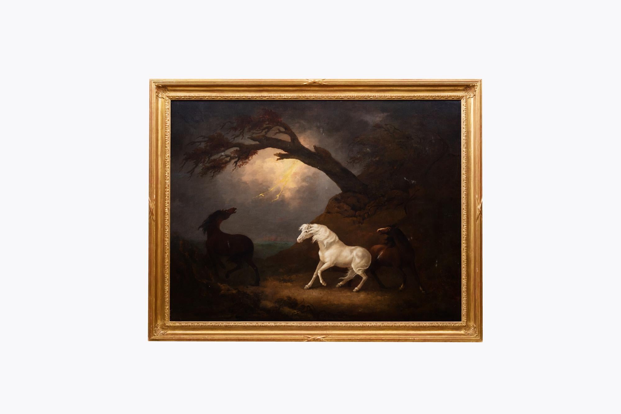 George Armfield (1808-1893) oil on canvas painting, depicting an atmospheric scene of three horses to foreground with a thunderstorm in the background. Dramatic tension is created by the play of light and shadow and is heightened by the bolt of