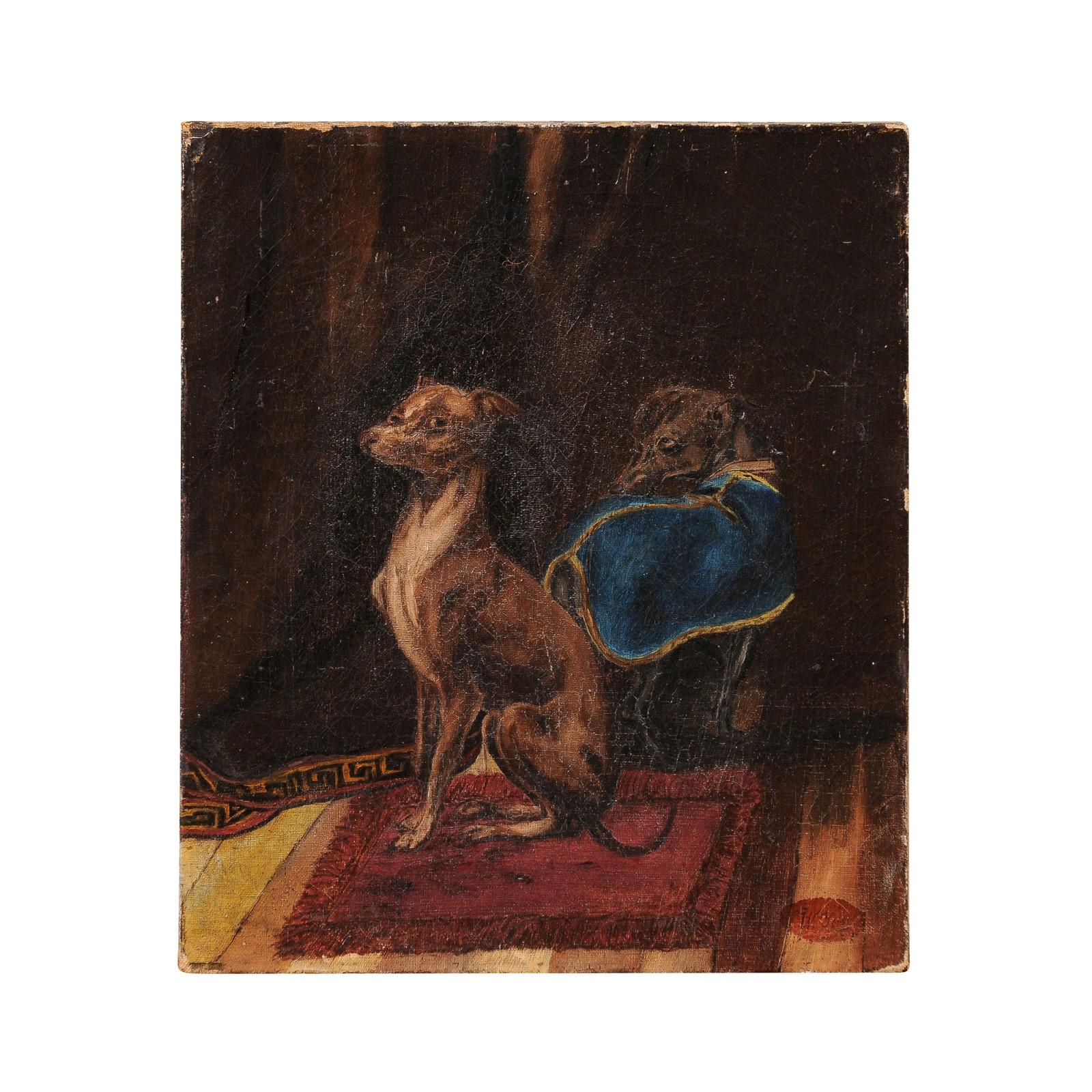 19th Century Oil on Canvas Featuring 2 Whippets In Good Condition For Sale In Atlanta, GA
