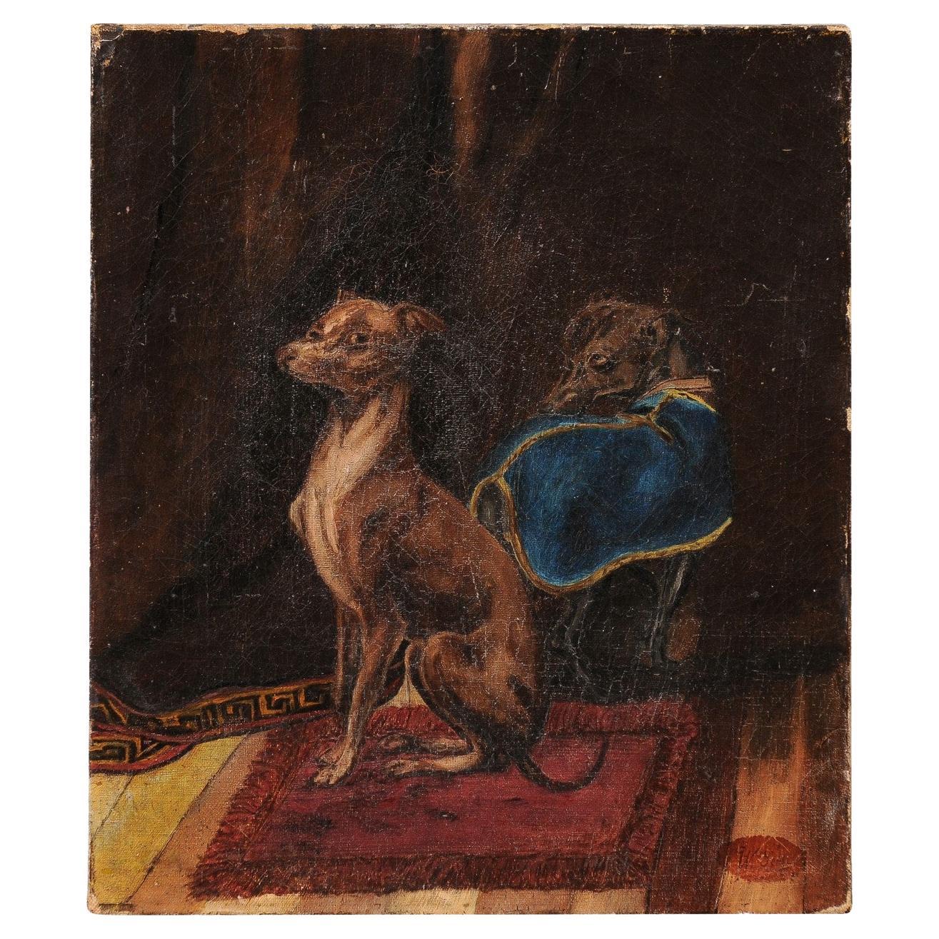 19th Century Oil on Canvas Featuring 2 Whippets For Sale