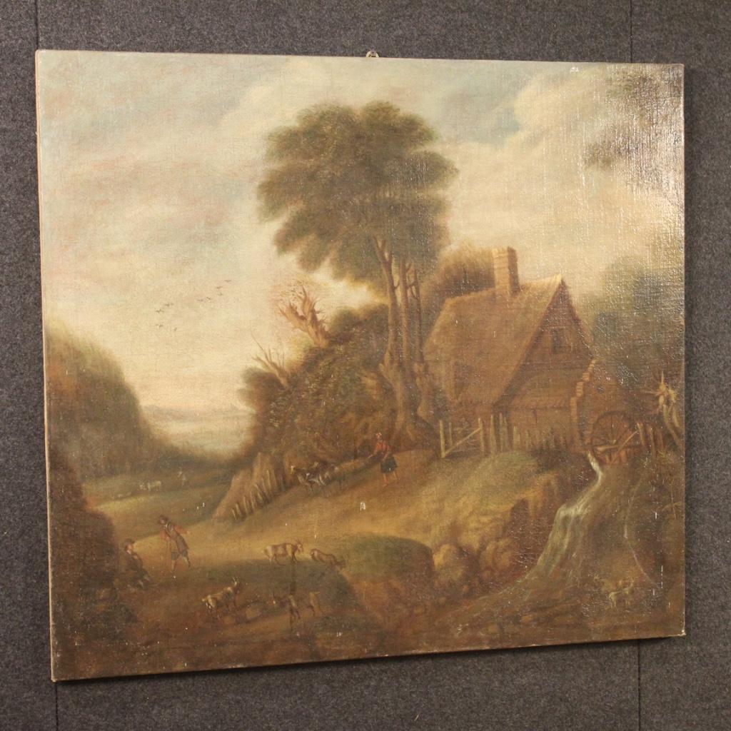 19th Century Oil on Canvas Flemish Landscape Antique Painting, 1830s For Sale 7