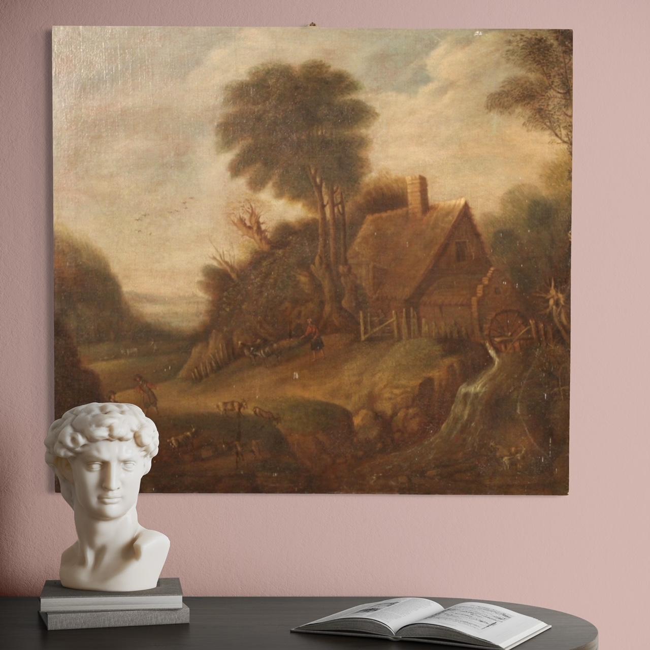 Antique Flemish painting from the early 19th century. Oil painting on canvas depicting countryside landscape with characters and animals and nice pictorial quality. Painting rich in elements and details, of a rustic nature, for antique dealers and