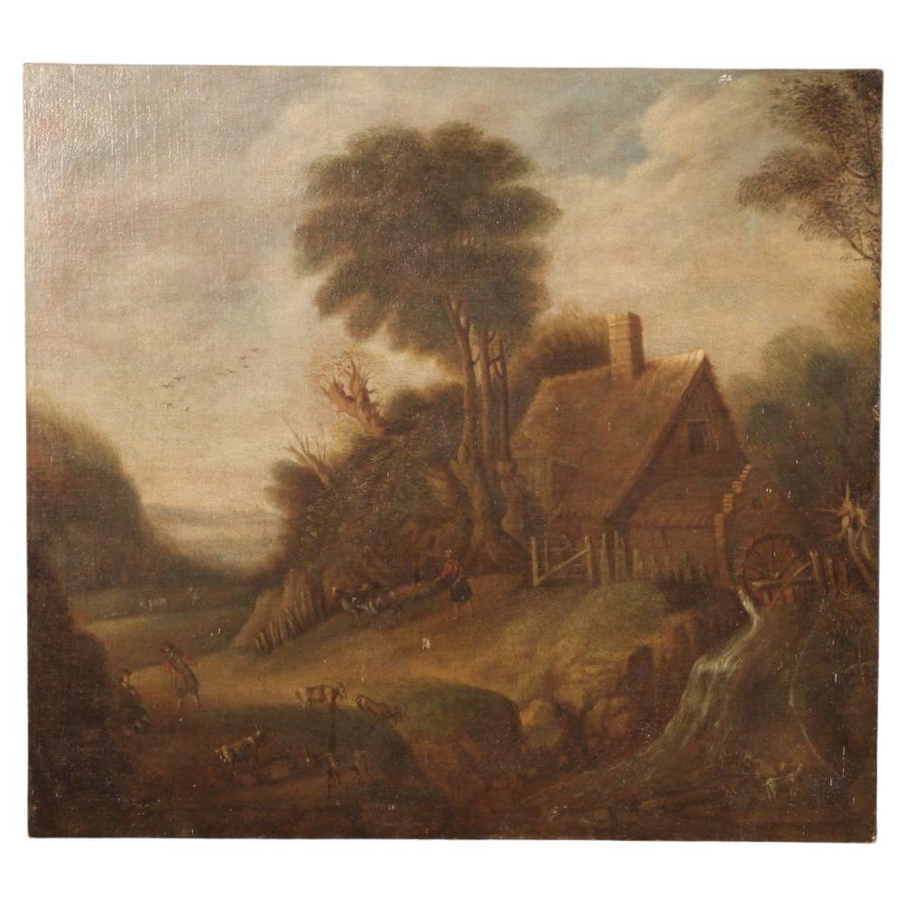 19th Century Oil on Canvas Flemish Landscape Antique Painting, 1830s For Sale