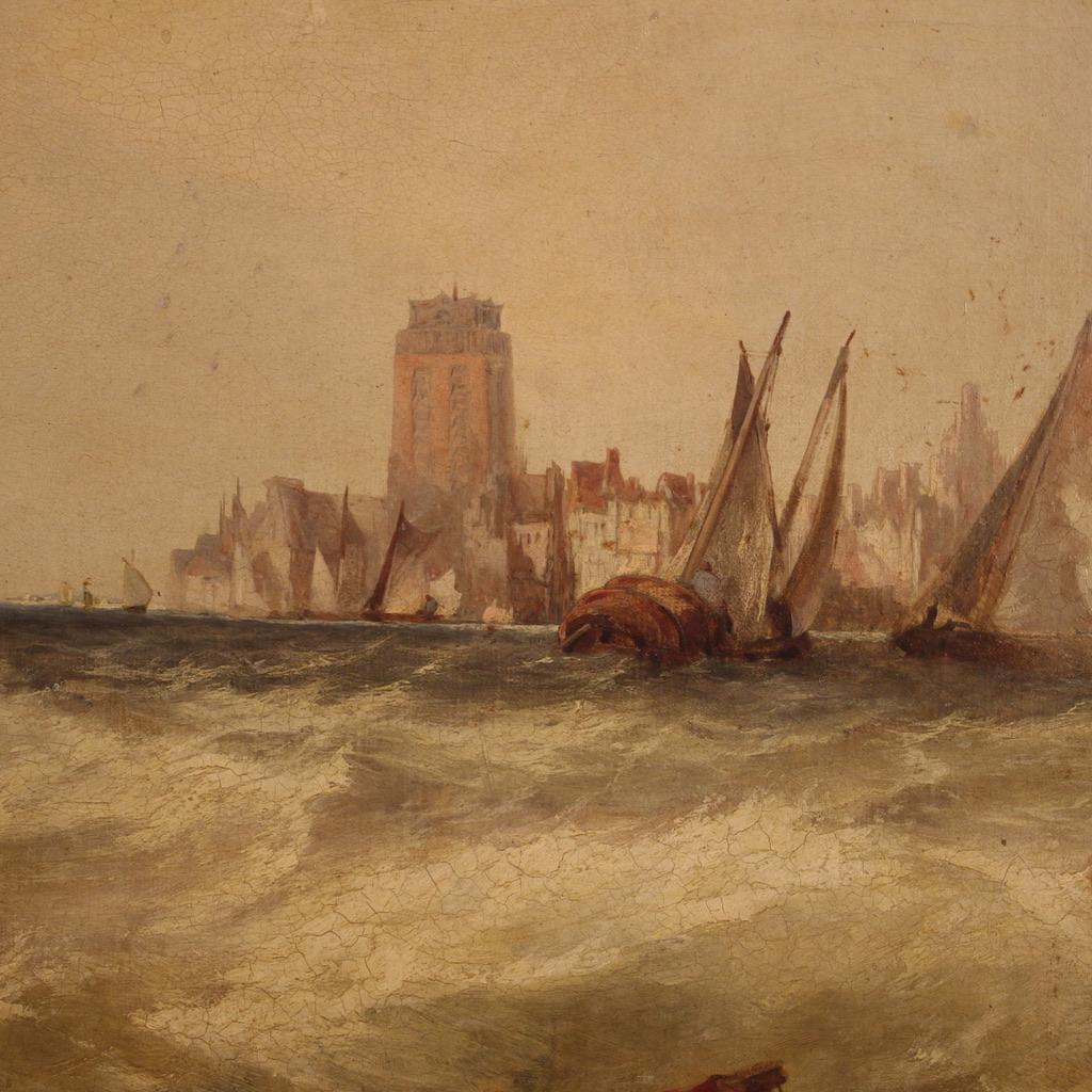 Huile sur toile du 19ème siècle - Peinture de paysage marin flamand, 1860 en vente 3