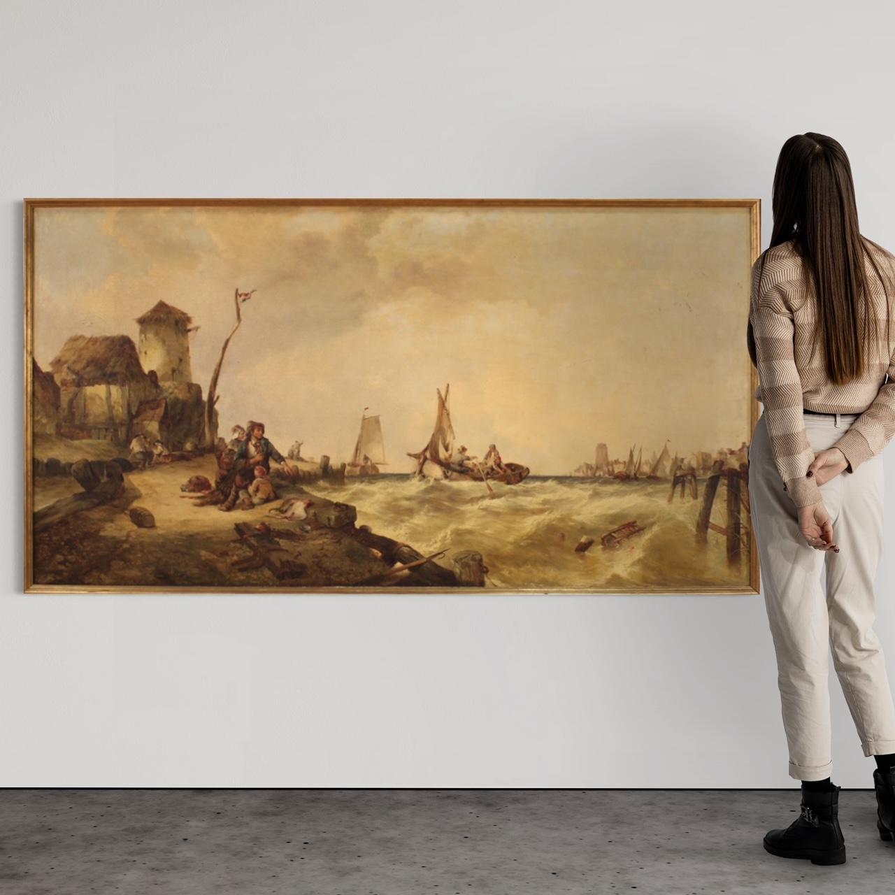 Huile sur toile du 19ème siècle - Peinture de paysage marin flamand, 1860 en vente 5
