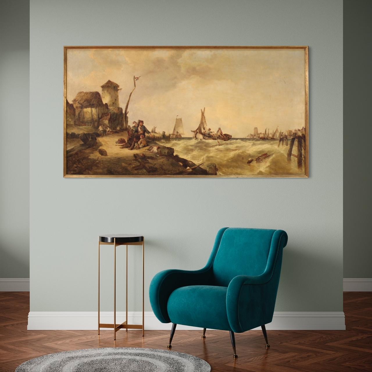 Huile sur toile du 19ème siècle - Peinture de paysage marin flamand, 1860 en vente 6
