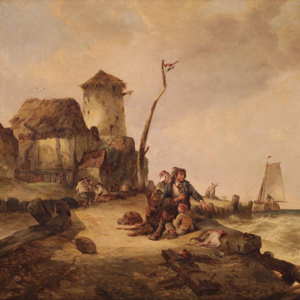 Dutch 19th Century Oil on Canvas Flemish Seascape Painting, 1860 For Sale