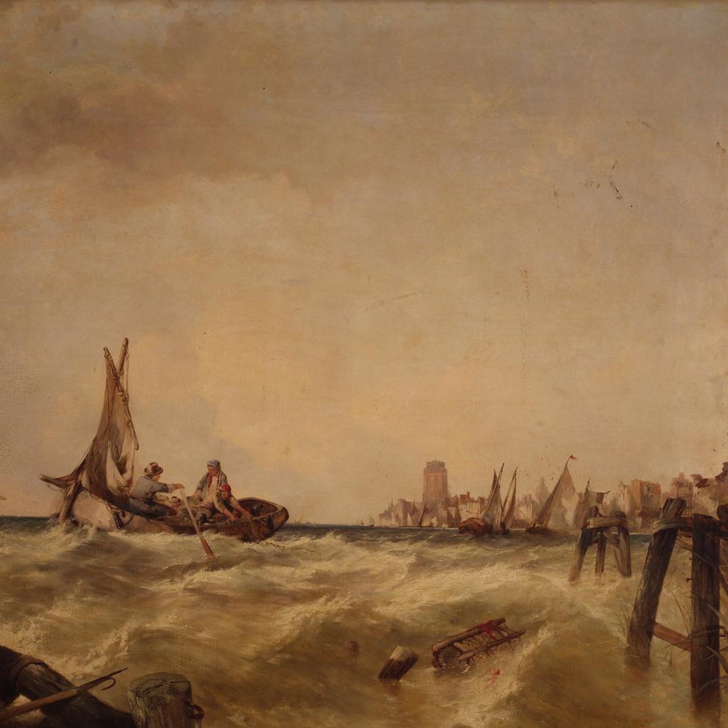 19th Century Oil on Canvas Flemish Seascape Painting, 1860 In Good Condition For Sale In Vicoforte, Piedmont