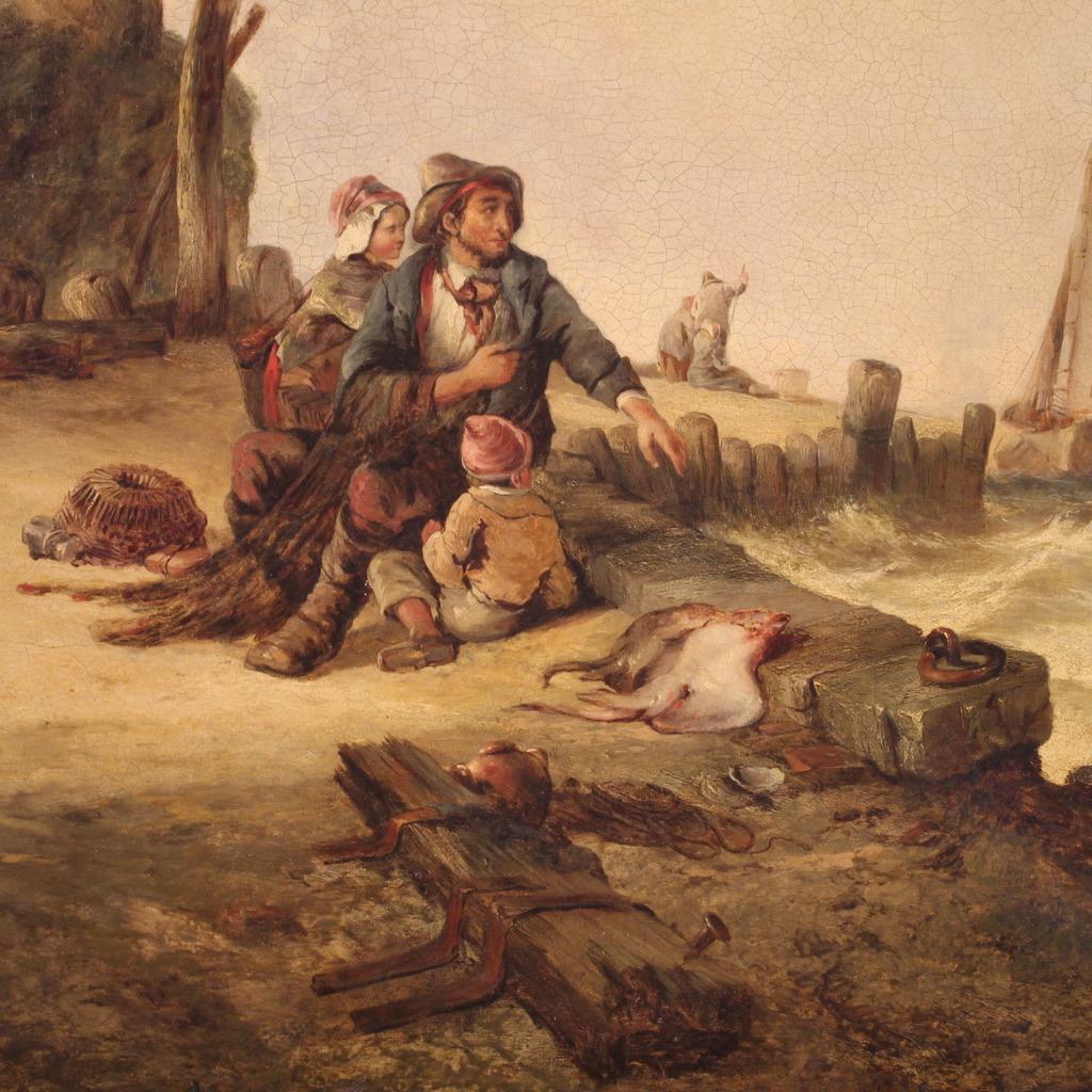 Huile sur toile du 19ème siècle - Peinture de paysage marin flamand, 1860 Bon état - En vente à Vicoforte, Piedmont