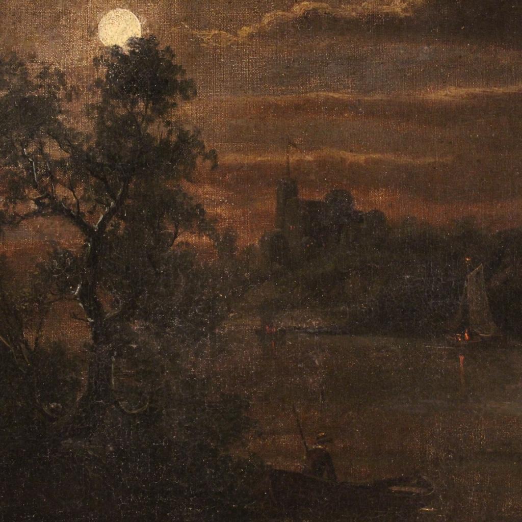 19th Century Oil on Canvas Flemish Signed Night Landscape Painting, 1850 5