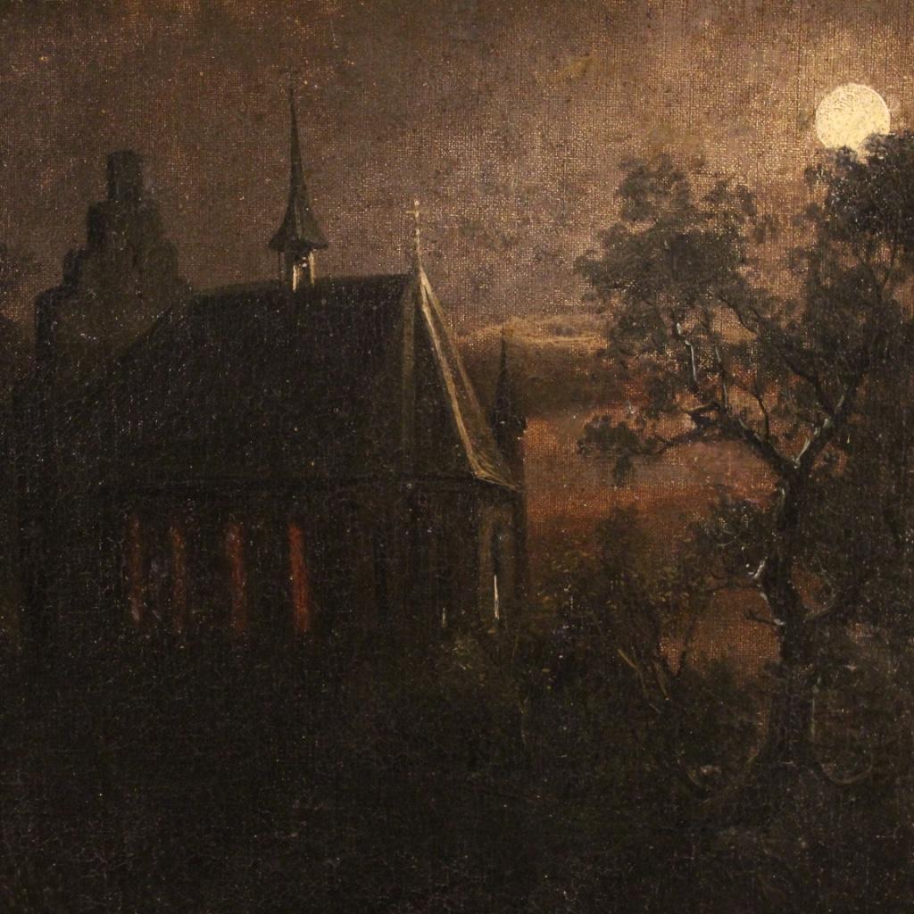 19th Century Oil on Canvas Flemish Signed Night Landscape Painting, 1850 6
