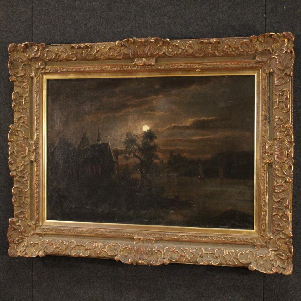 Antique Flemish painting from the 19th century. Oil painting on canvas depicting a particular night landscape of good pictorial quality. Richly carved and gilded wood and plaster frame of beautiful decoration. Framework of good proportion and