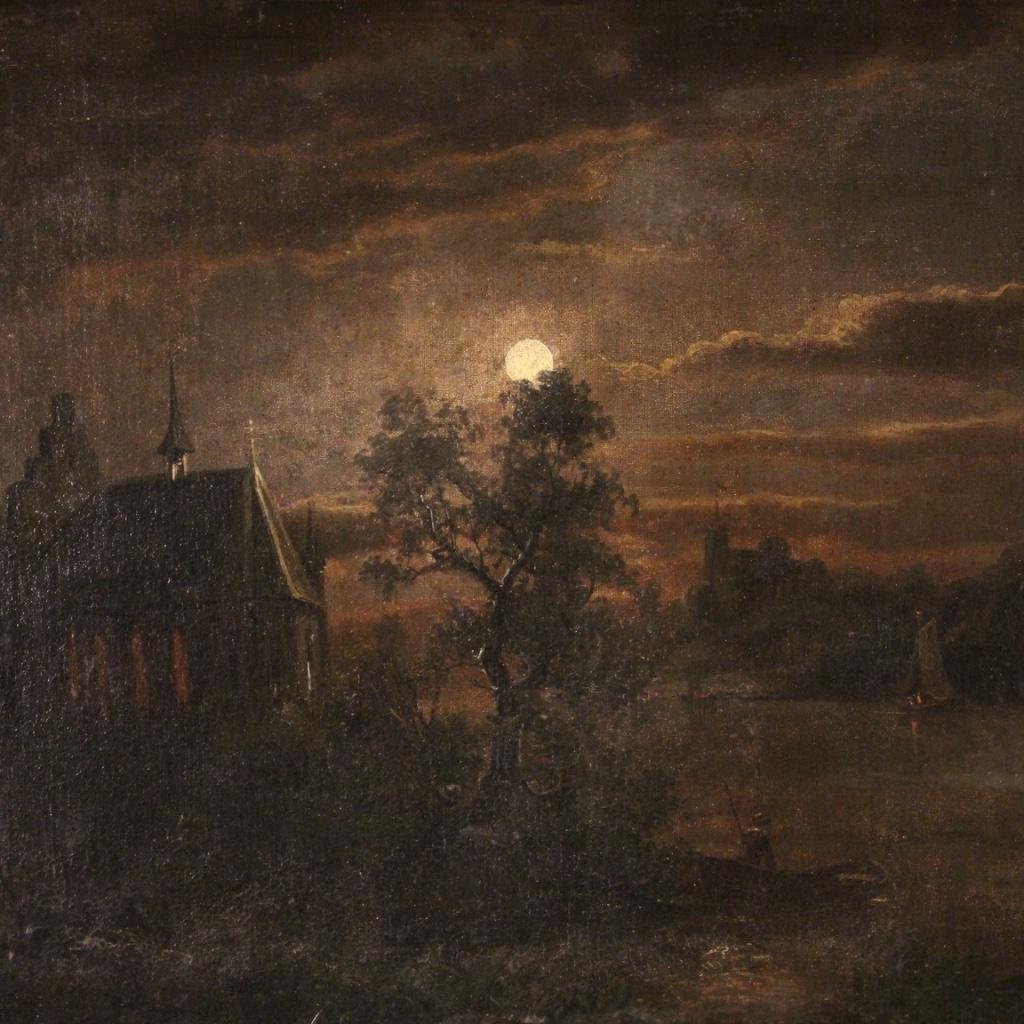 Belgian 19th Century Oil on Canvas Flemish Signed Night Landscape Painting, 1850