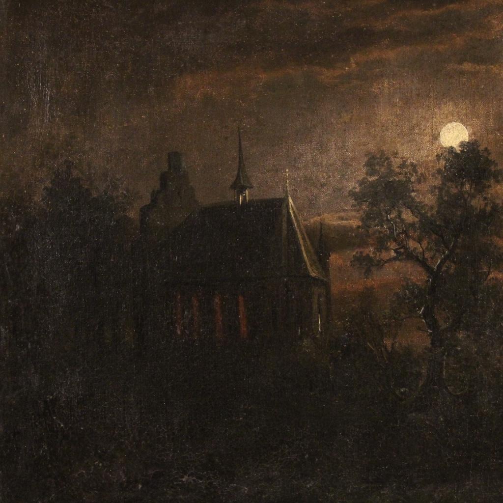 Gilt 19th Century Oil on Canvas Flemish Signed Night Landscape Painting, 1850