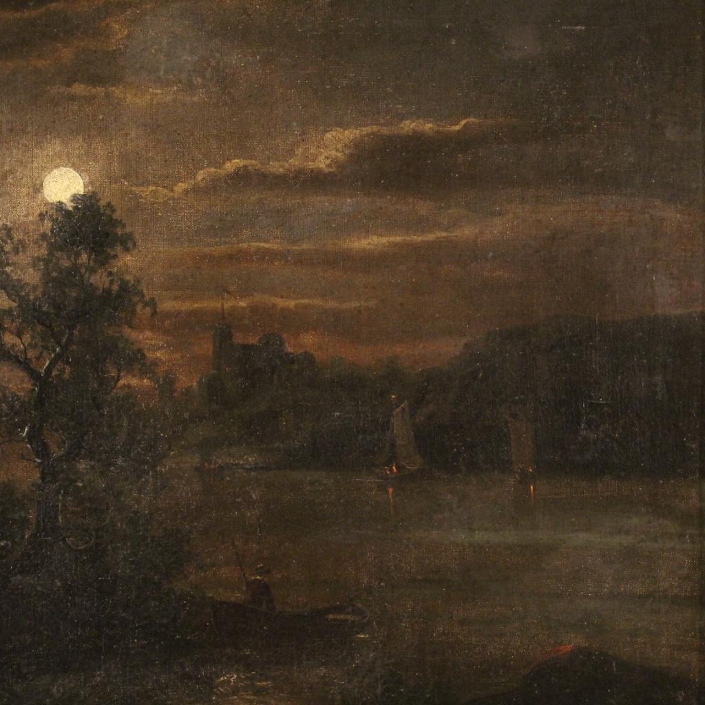 19th Century Oil on Canvas Flemish Signed Night Landscape Painting, 1850 In Good Condition In Vicoforte, Piedmont