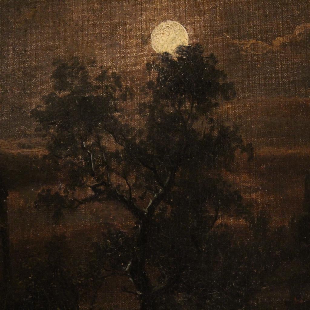 19th Century Oil on Canvas Flemish Signed Night Landscape Painting, 1850 4