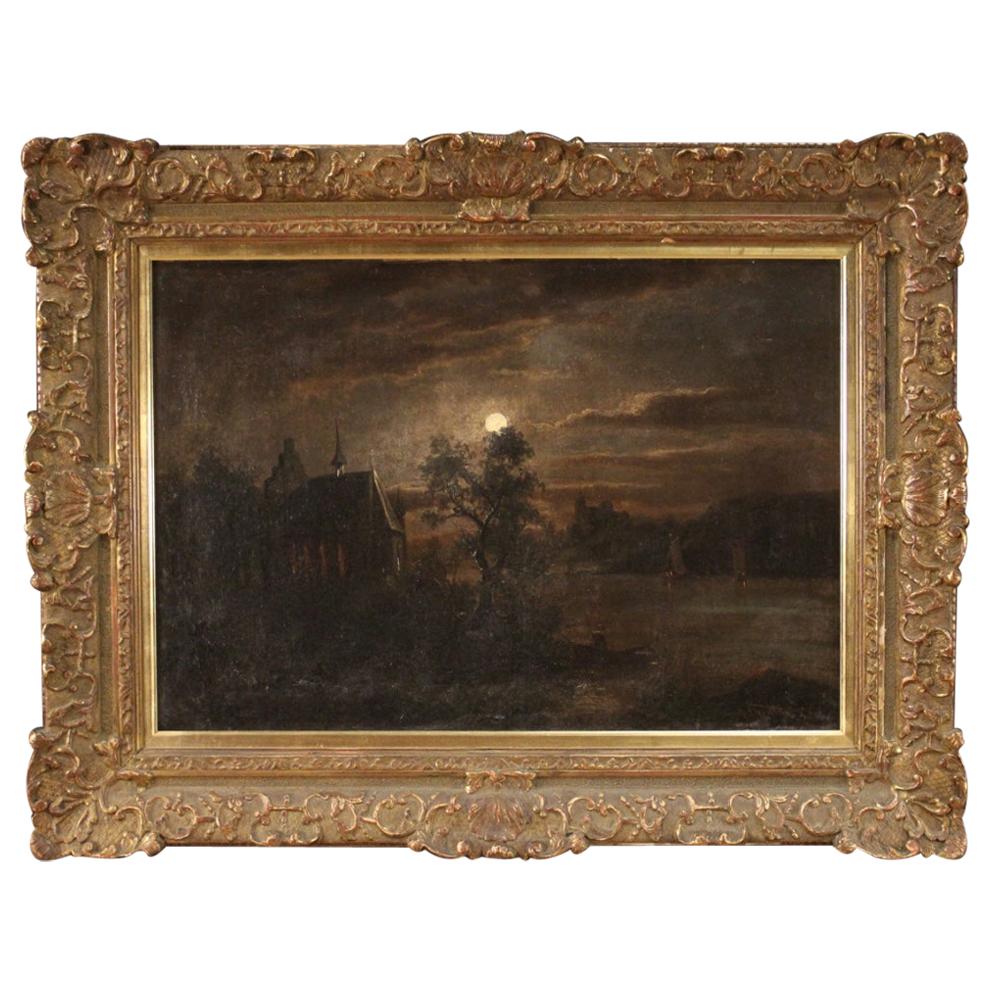 19th Century Oil on Canvas Flemish Signed Night Landscape Painting, 1850