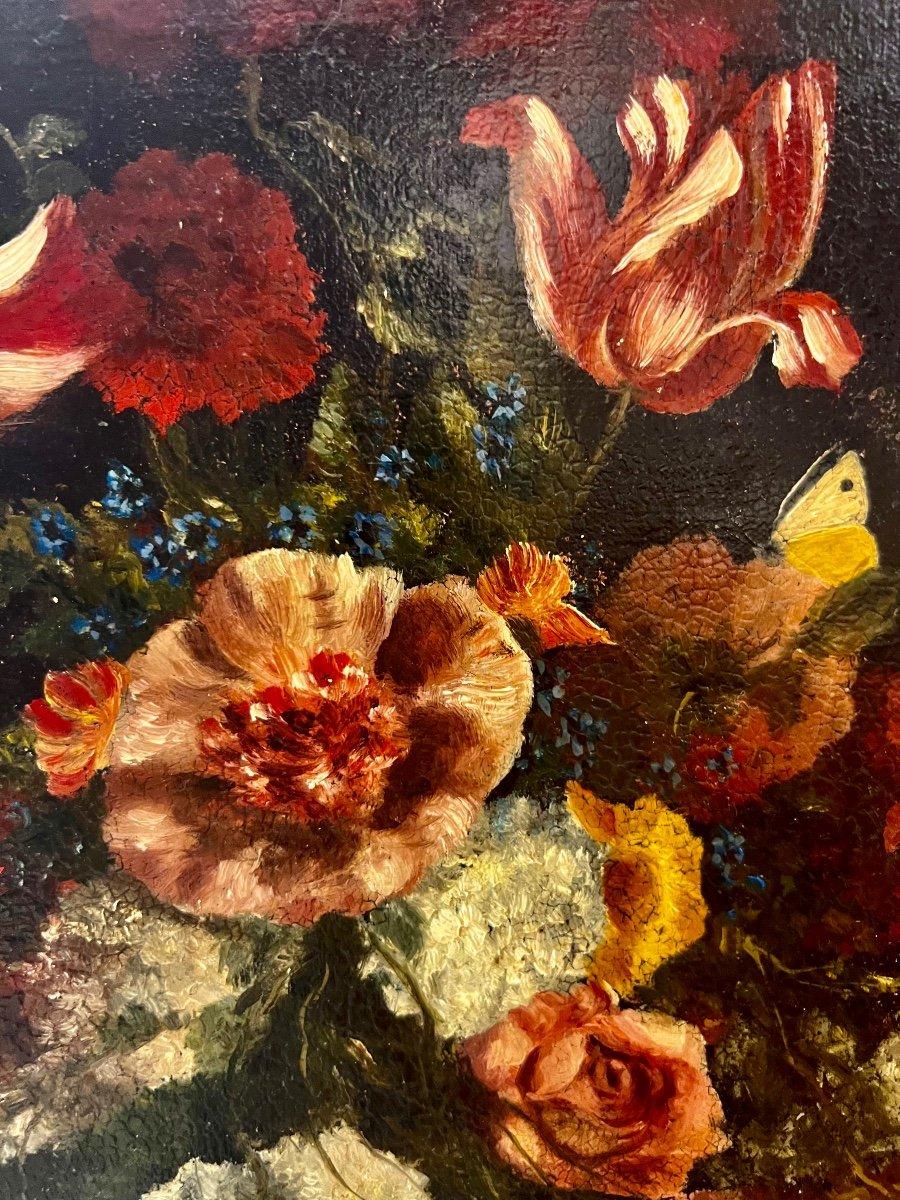 Napoléon III Peinture à l'huile sur toile du 19e siècle représentant un bouquet de fleurs