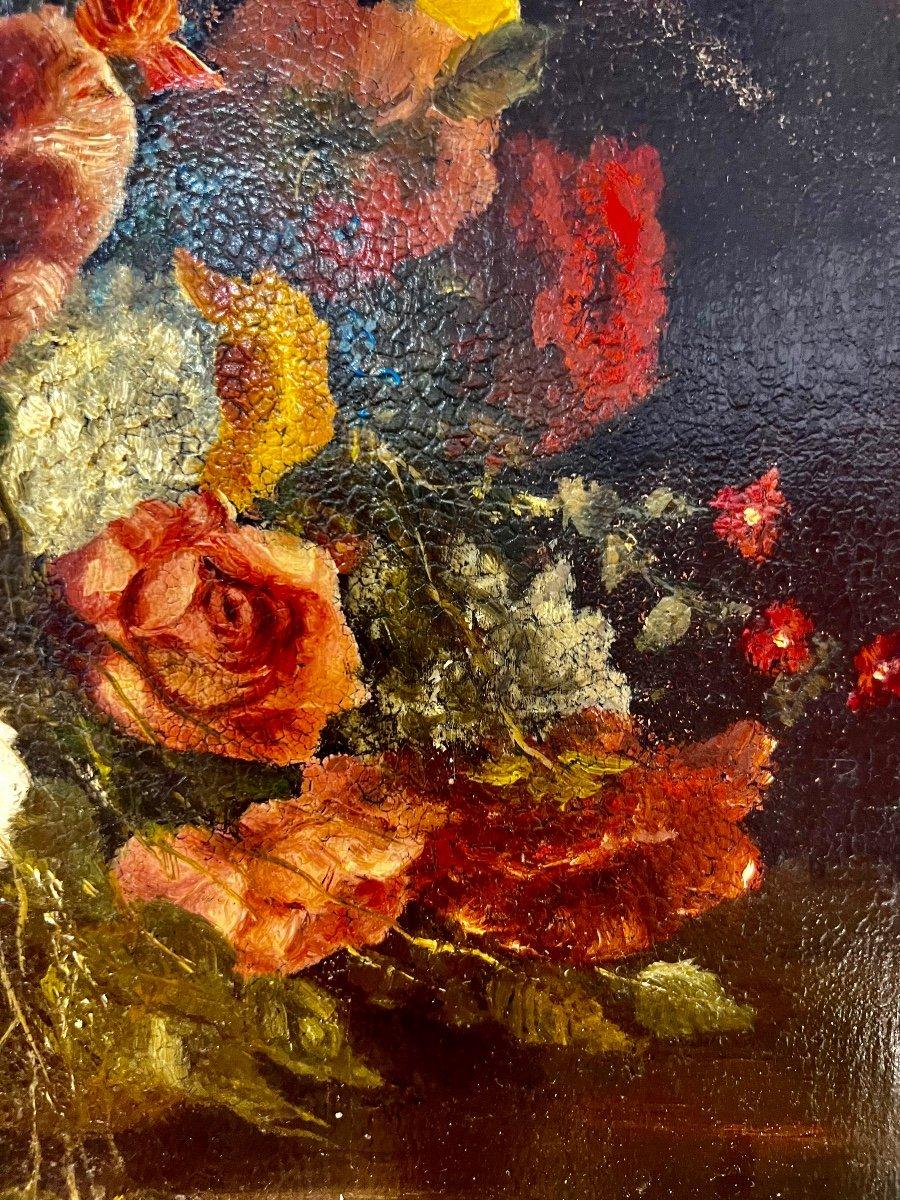 Français Peinture à l'huile sur toile du 19e siècle représentant un bouquet de fleurs