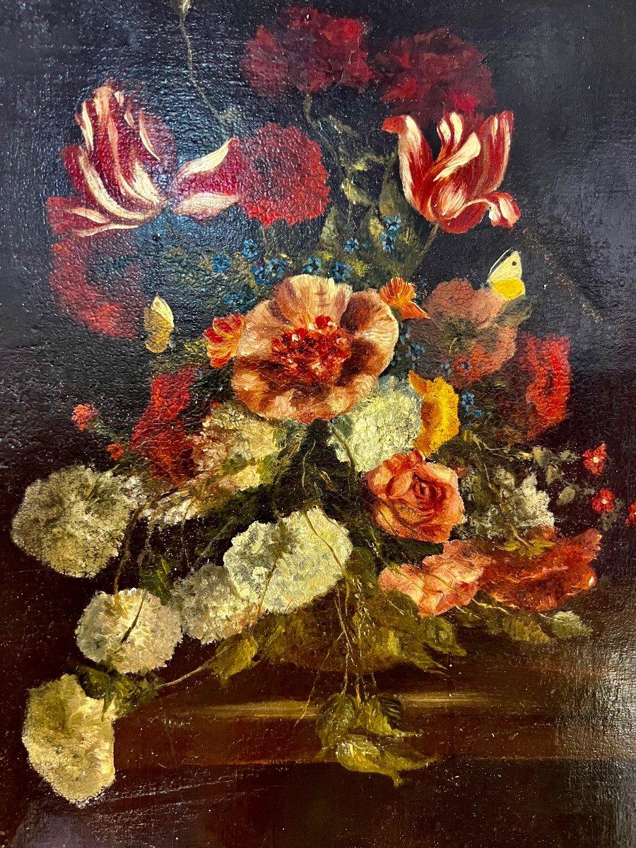 Huilé Peinture à l'huile sur toile du 19e siècle représentant un bouquet de fleurs