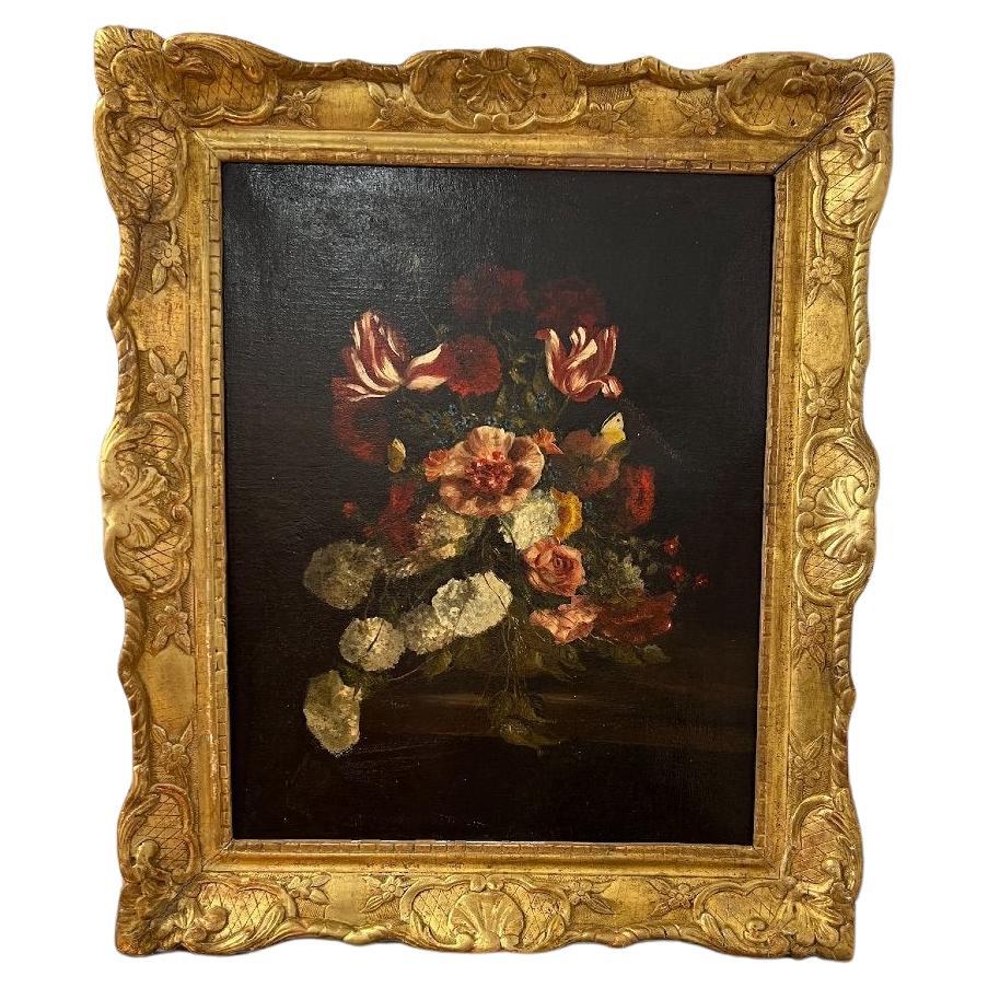 Peinture à l'huile sur toile du 19e siècle représentant un bouquet de fleurs