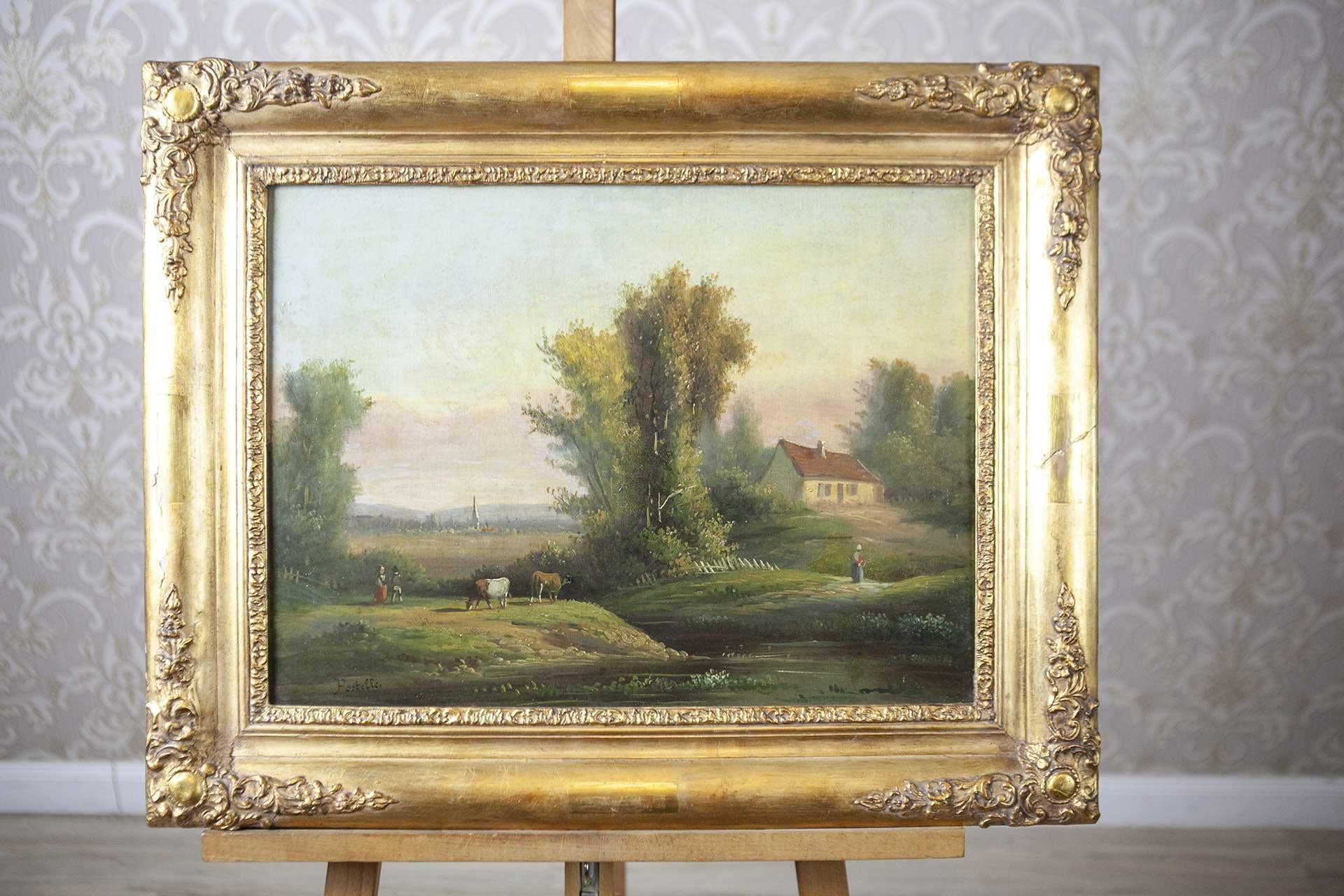 19th-Century Framed Oil on Canvas Depicting Village

We present you this oil on canvas depicting a landscape with a small house, people and animals. It is signed by Germain Postelle.

The painting is repainted, the lacquer is a bit yellowed.
The