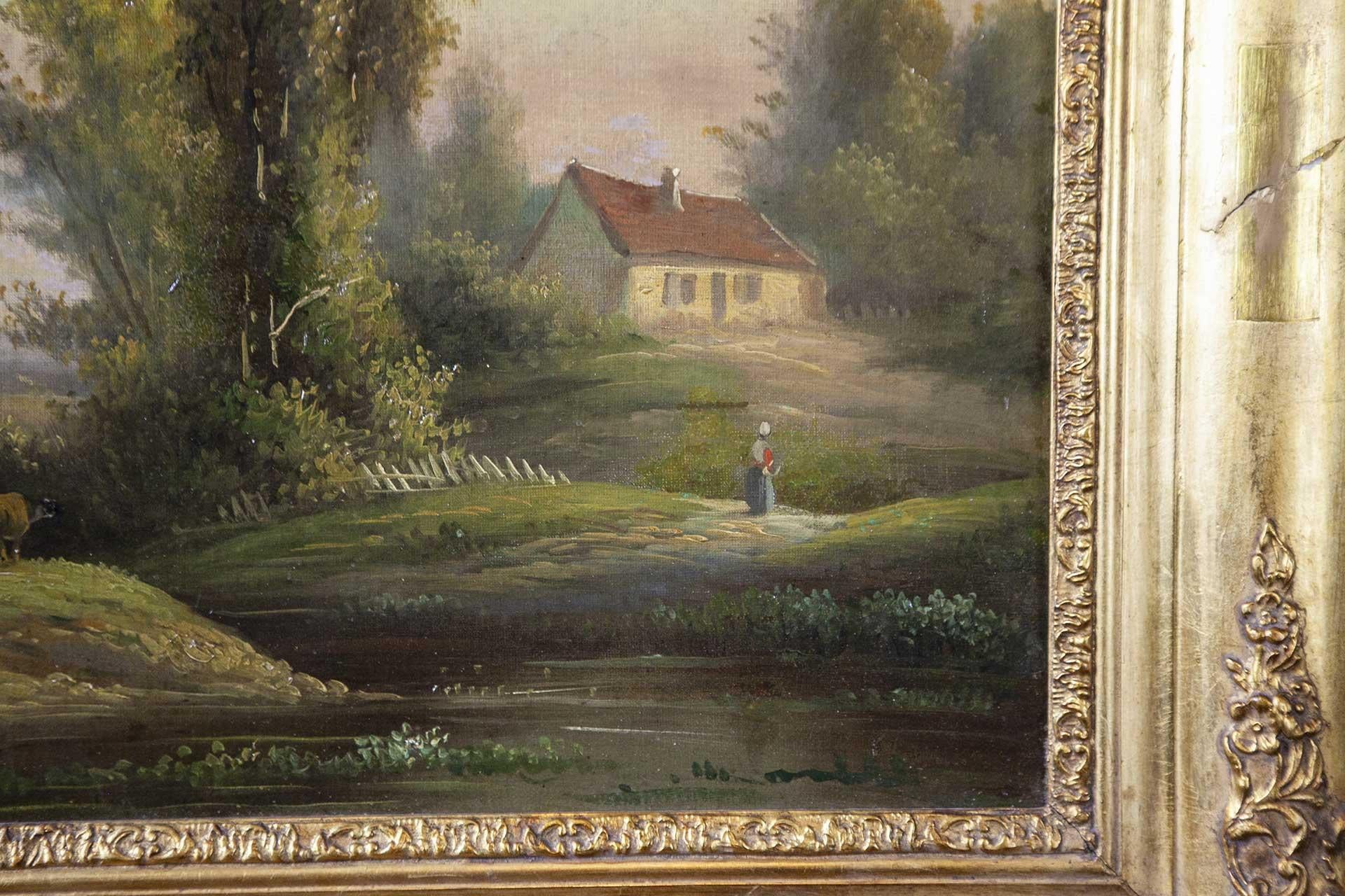 19th-Century Framed Oil on Canvas Depicting Village For Sale 1