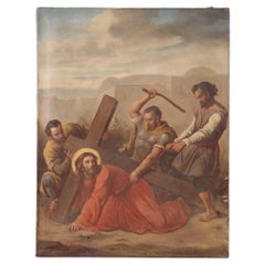 Antique  19th Century Oil on Canvas Framed French Religious Via Crucis Painting, 1880s