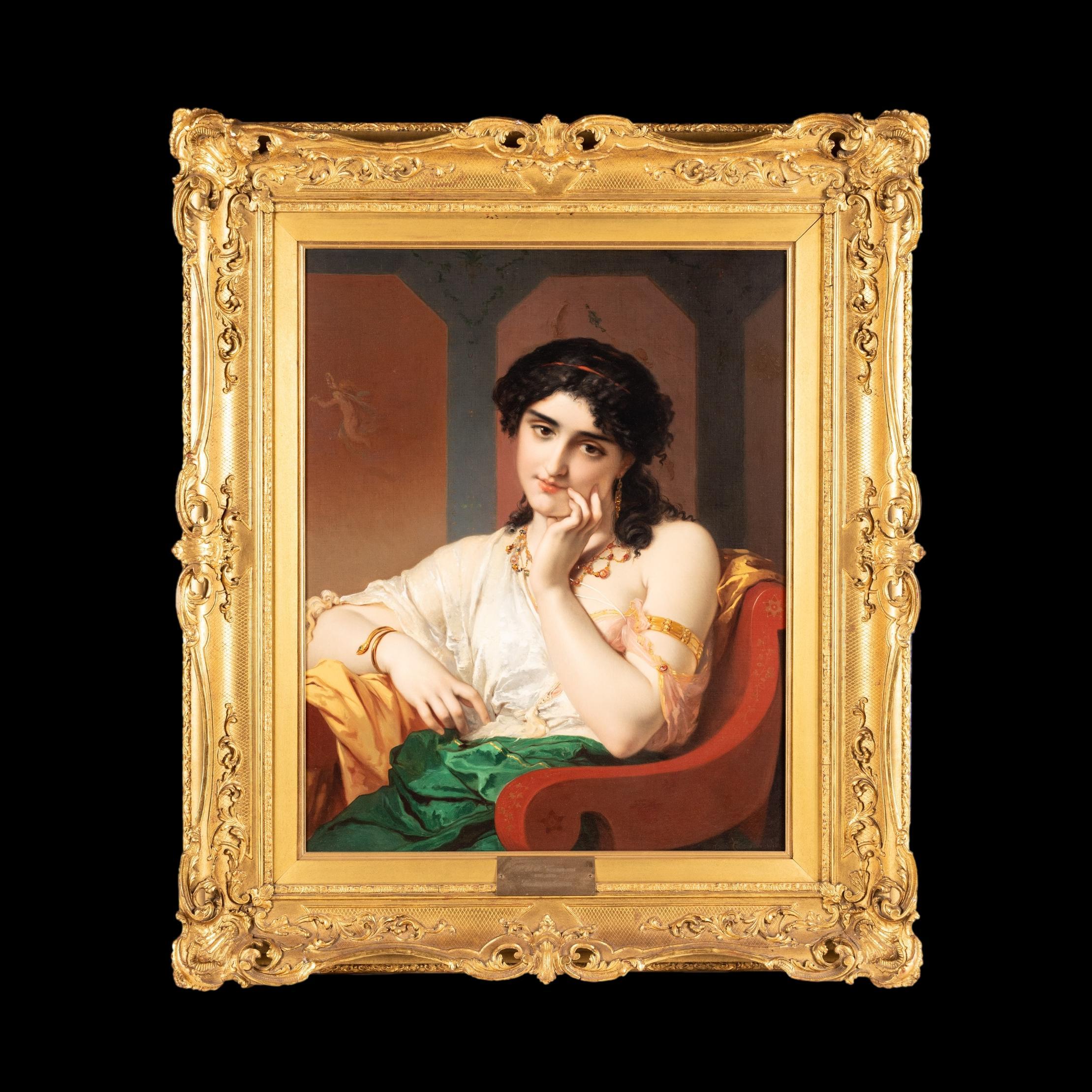 Schönheit Daydreaming
von Joseph Pierre Olivier Coomans (1816-1889)

Das Werk in Öl auf Leinwand zeigt eine klassische Schönheit, die in einem lackierten Stuhl sitzend nachdenkt, während sie reiche Stoffe und glitzernden Schmuck trägt. Signiert