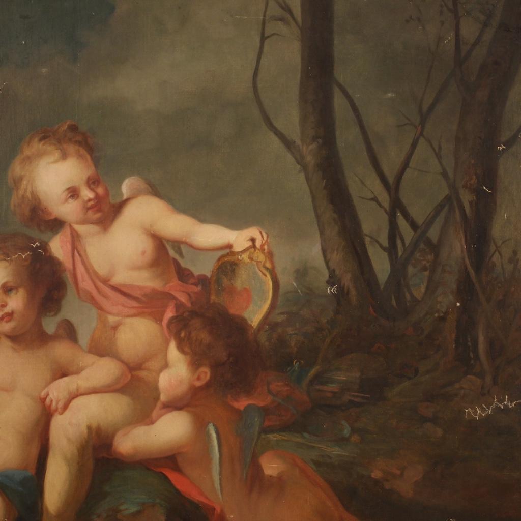 19th Century Oil on Canvas French Antique Cherubs Game Painting, 1870 6