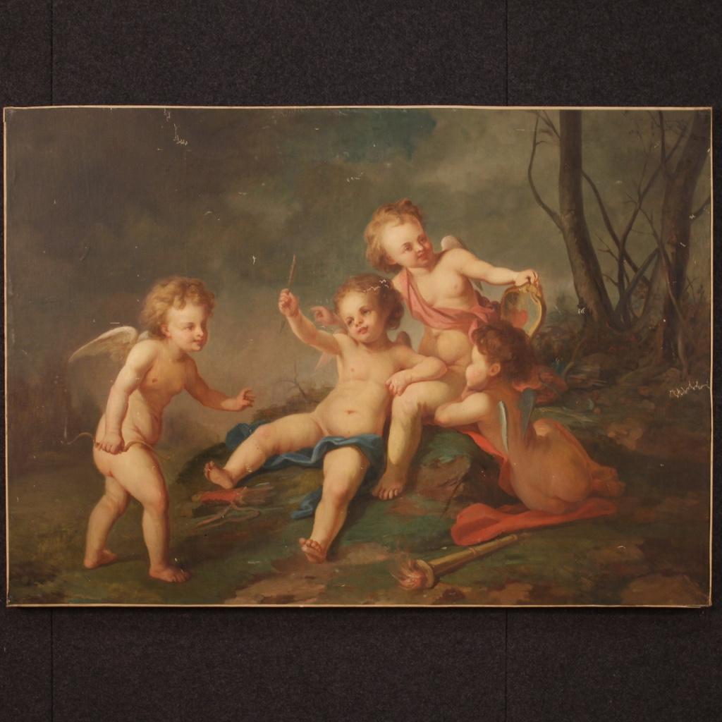 Antique French painting from the late 19th century. Framework oil on canvas depicting a game of cherubs of excellent pictorial quality. Framework of beautiful size and brightness richly decorated with numerous details. Fabulous painting for antique