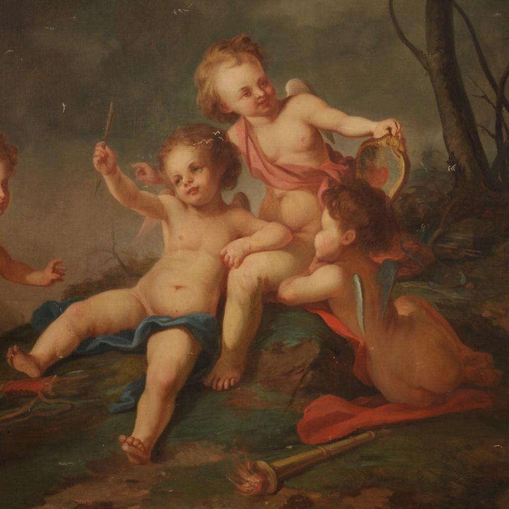 19th Century Oil on Canvas French Antique Cherubs Game Painting, 1870 In Good Condition In Vicoforte, Piedmont