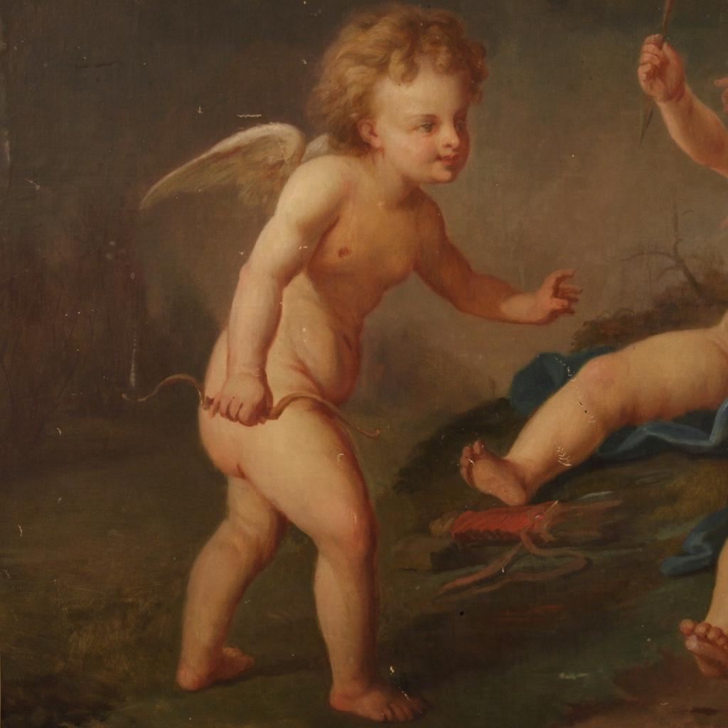 19th Century Oil on Canvas French Antique Cherubs Game Painting, 1870 2