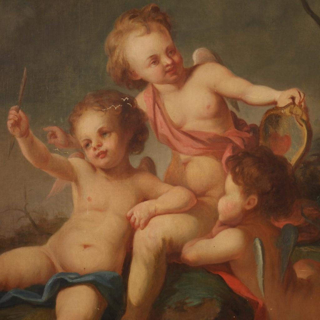19th Century Oil on Canvas French Antique Cherubs Game Painting, 1870 4