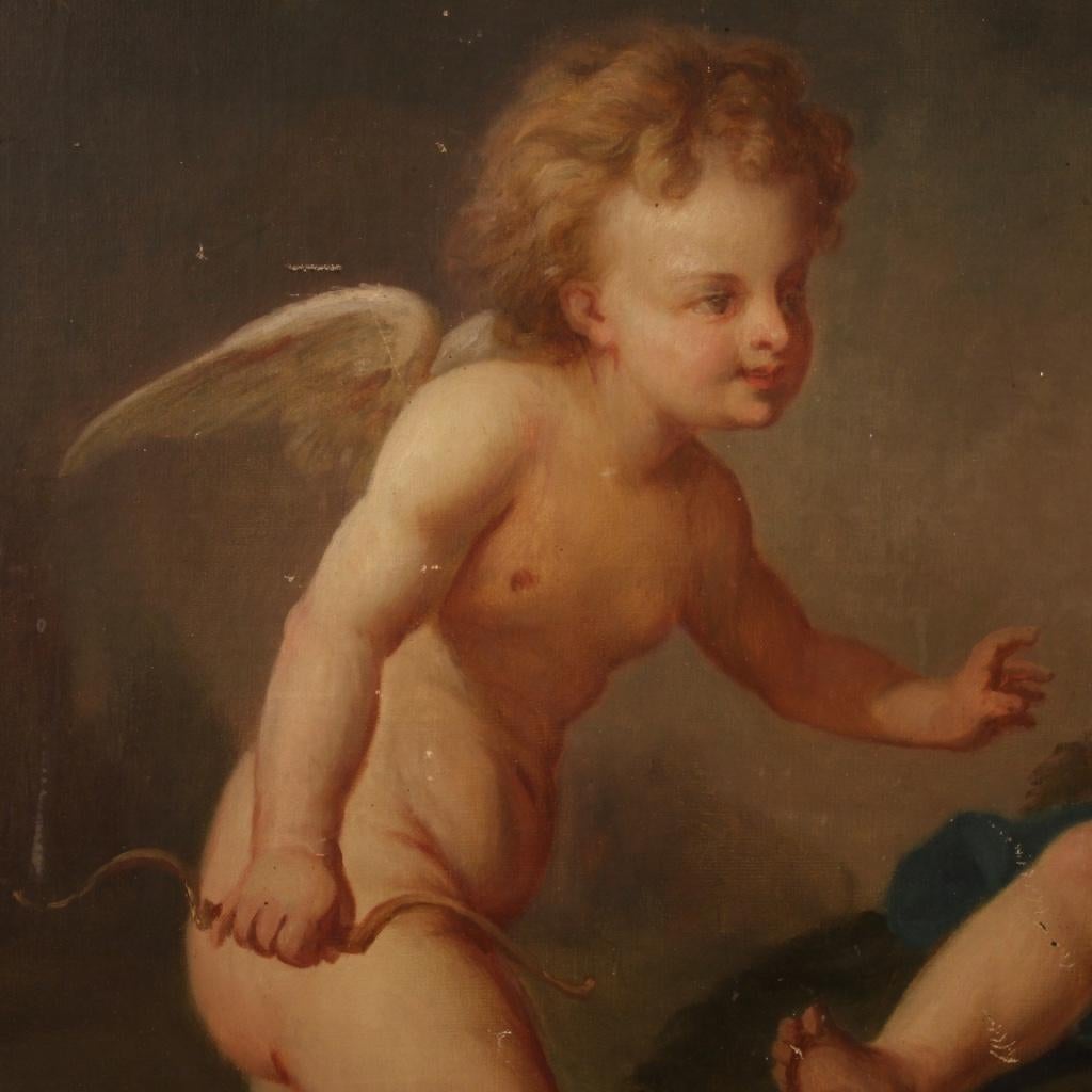 19th Century Oil on Canvas French Antique Cherubs Game Painting, 1870 5