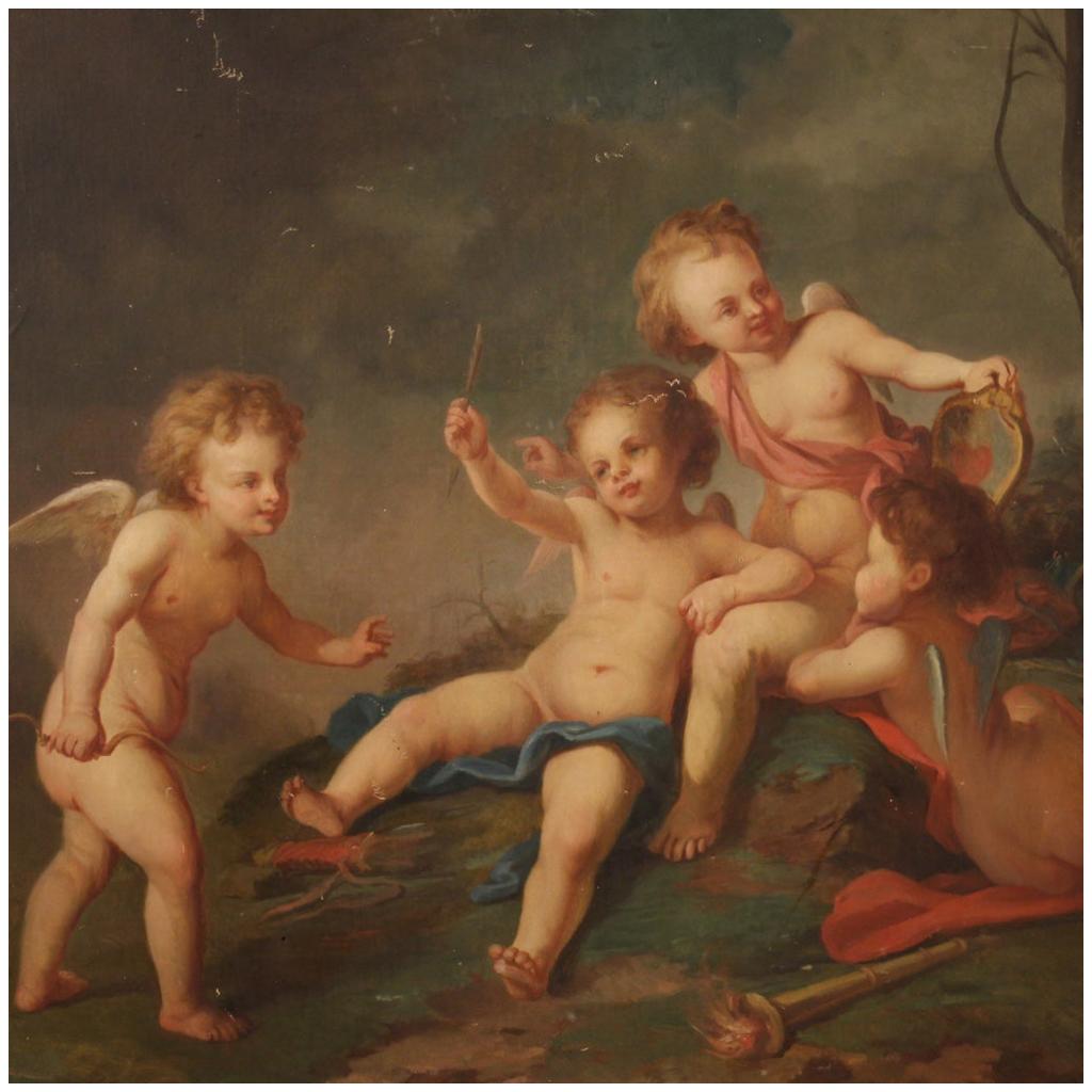 19th Century Oil on Canvas French Antique Cherubs Game Painting, 1870