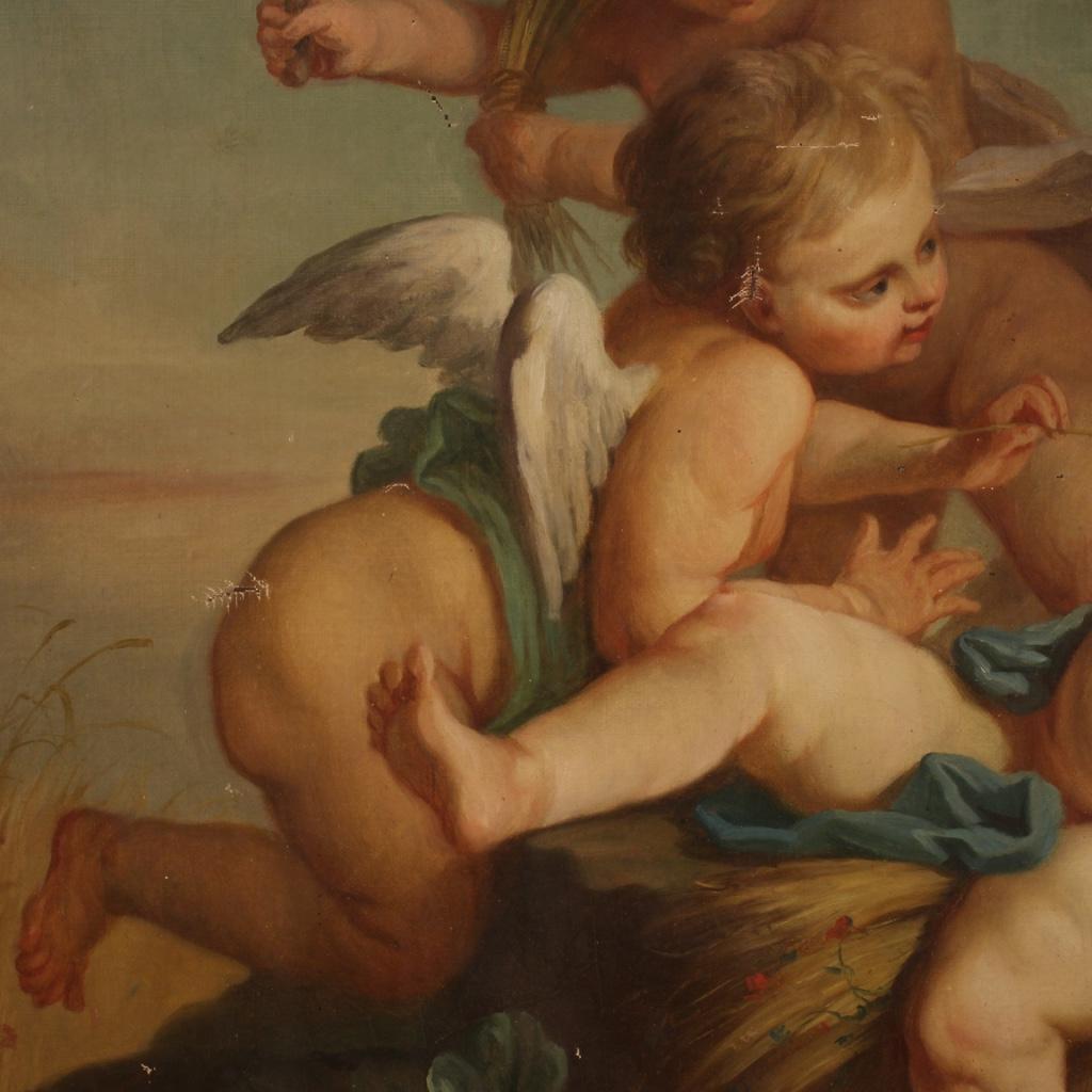 19th Century Oil on Canvas French Antique Cherubs Painting, 1870 4