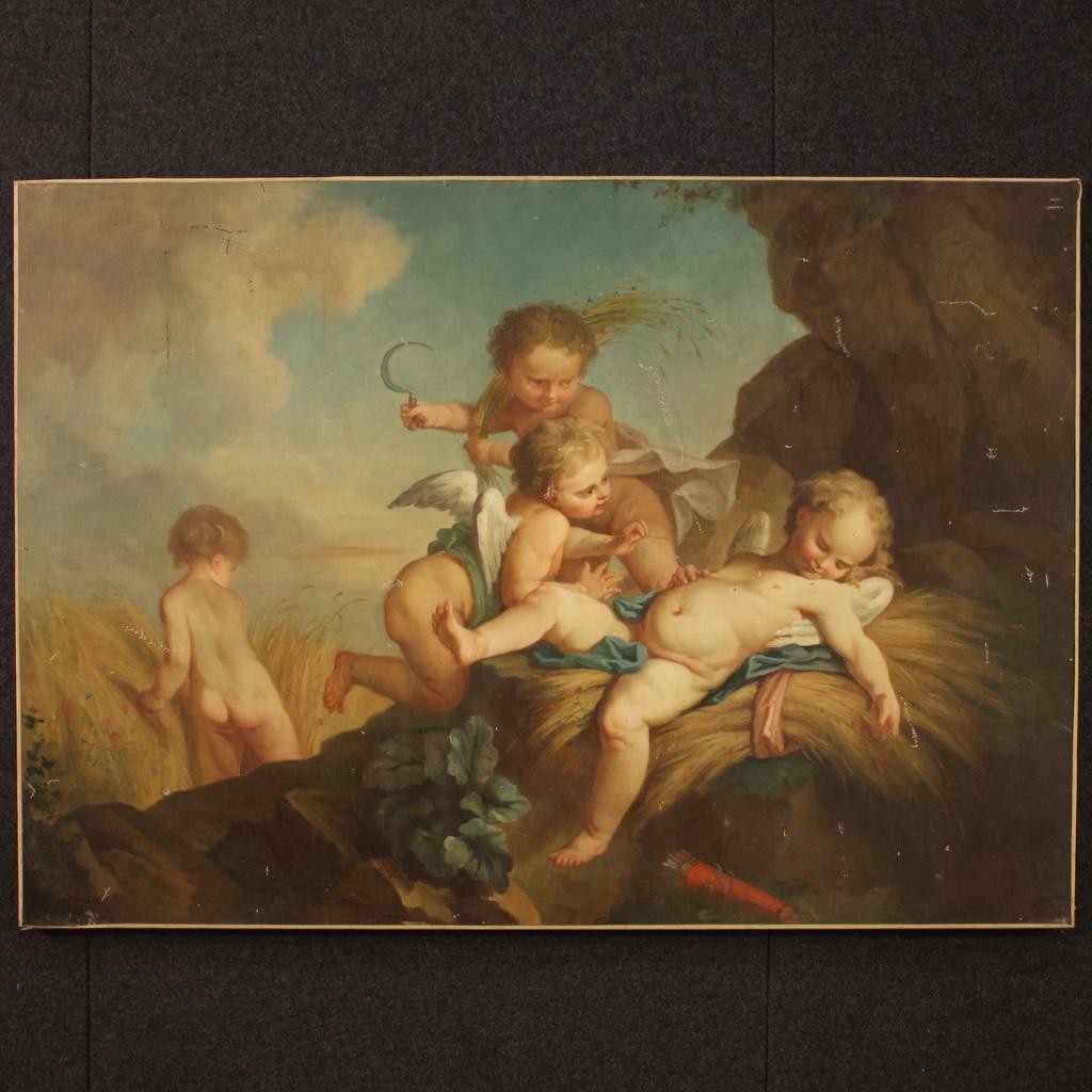Antique French painting from the late 19th century. Framework oil on canvas depicting cherubs in the field of excellent pictorial quality. Painting of beautiful size and brightness richly decorated with numerous details. Fabulous framework for