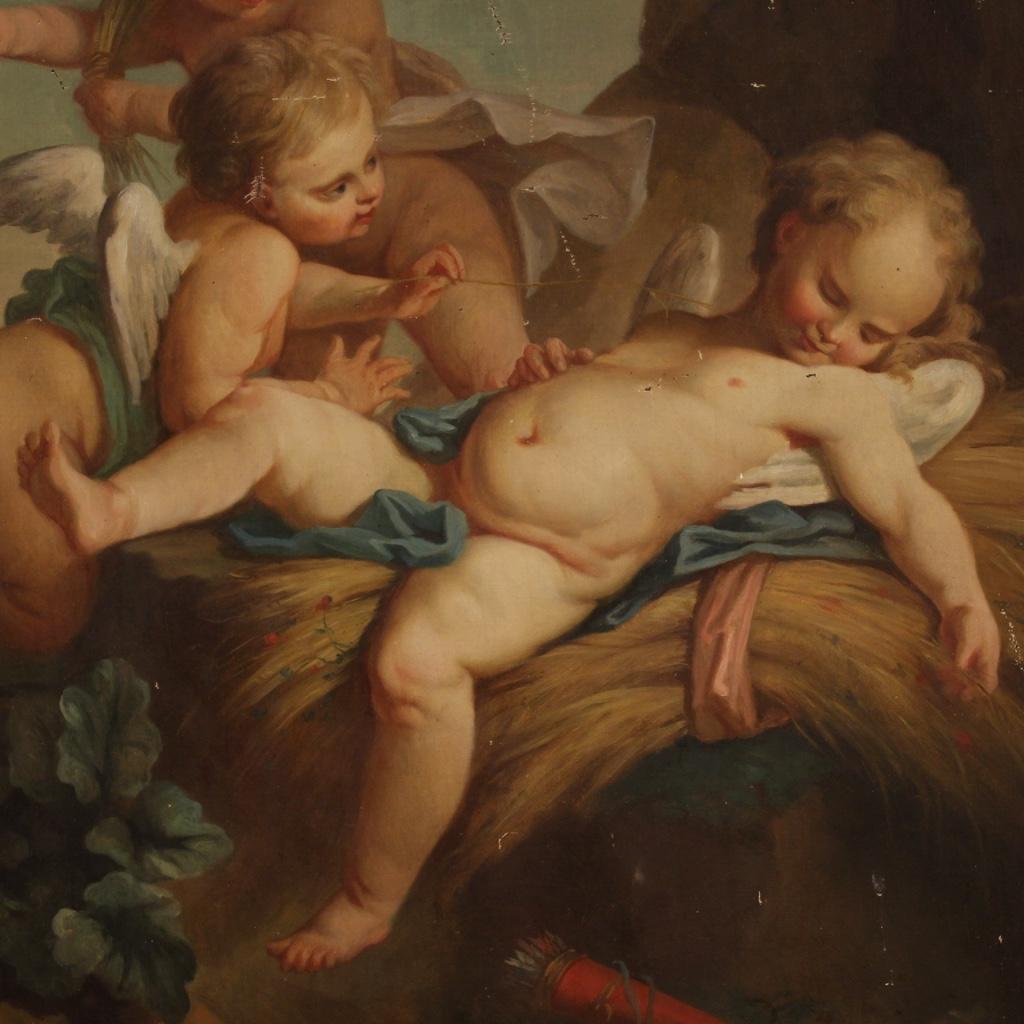 19th Century Oil on Canvas French Antique Cherubs Painting, 1870 In Fair Condition In Vicoforte, Piedmont