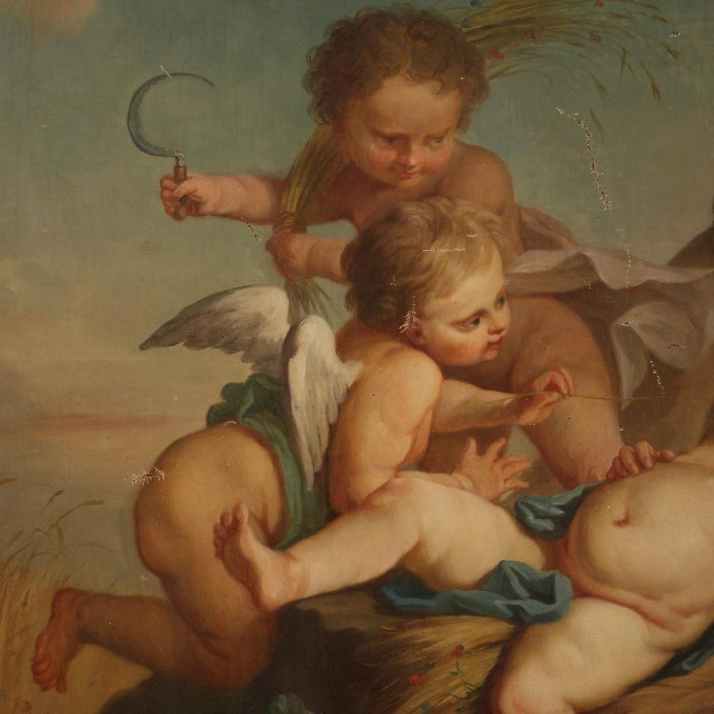 19th Century Oil on Canvas French Antique Cherubs Painting, 1870 In Fair Condition In Vicoforte, Piedmont