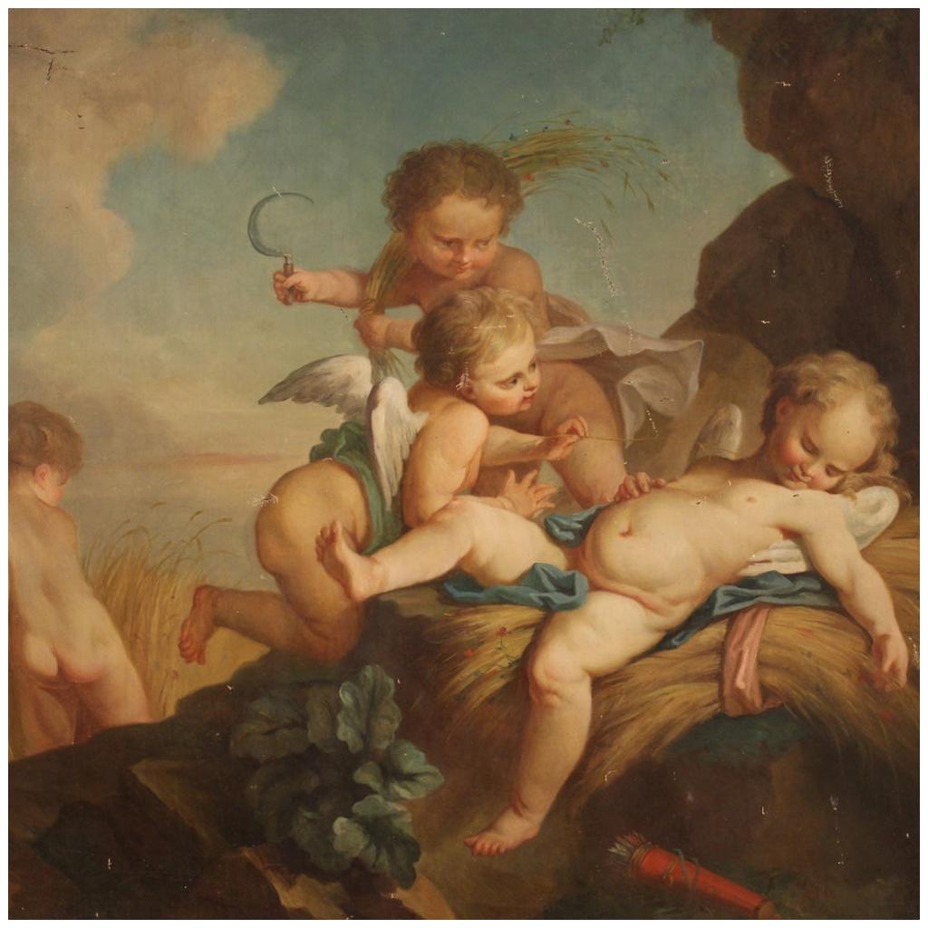 19th Century Oil on Canvas French Antique Cherubs Painting, 1870