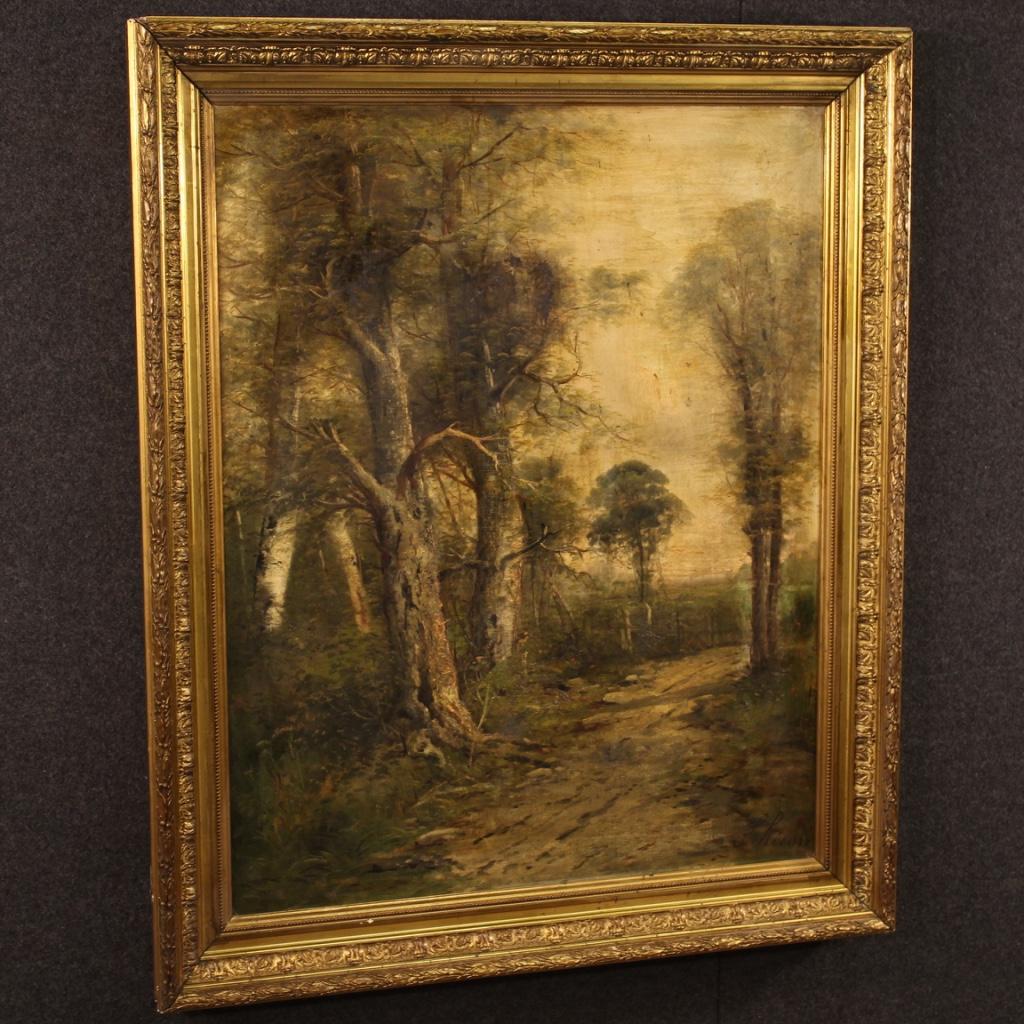 Pintura francesa de finales del siglo XIX. Marco óleo sobre lienzo, en el primer lienzo, que representa un paisaje boscoso de estilo impresionista de buena calidad pictórica. Marco de madera y yeso finamente tallado y dorado de bella decoración con